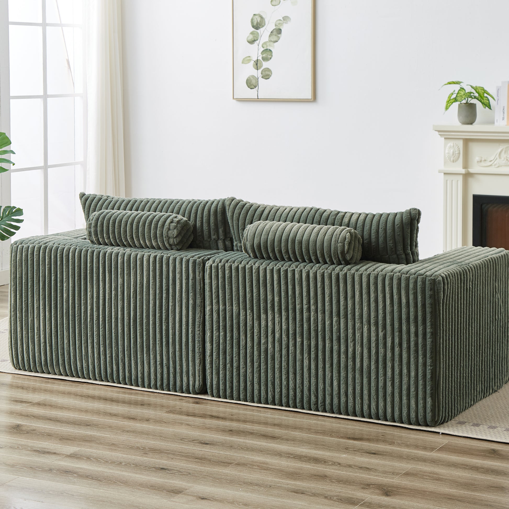 87" Oversized Sectional Lounge Chaise,No Assembly Required,Cloud Plush Loveseat With Two Removable Footstool,Fluffy Modern Sleeper Chair For Indoor Living Room Bedroom Army Green Corduroy 2 Seat