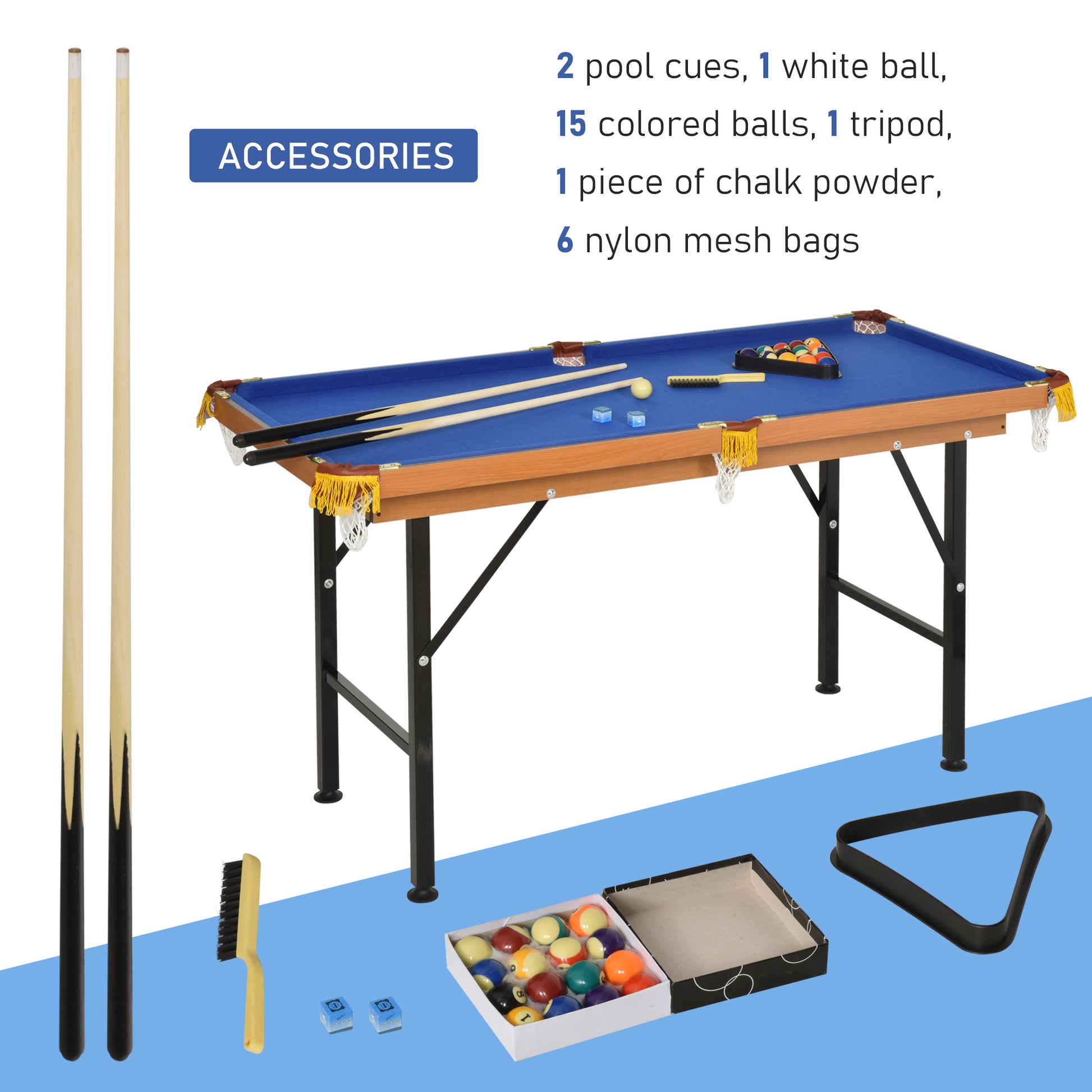 Soozier 55" Portable Folding Billiards Table Game Pool Table For Whole Family Number Use With Cues, Ball, Rack, Chalk, Blue Blue Mdf Steel