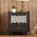 Wooden Nightstand With Rattan Woven Storage Cabinet And 1 Drawer, Exquisite Elegance With Natural Storage Solutions For Bedroom, Black Expected Arrival Time: 08.23 Black 1 Drawer Wood