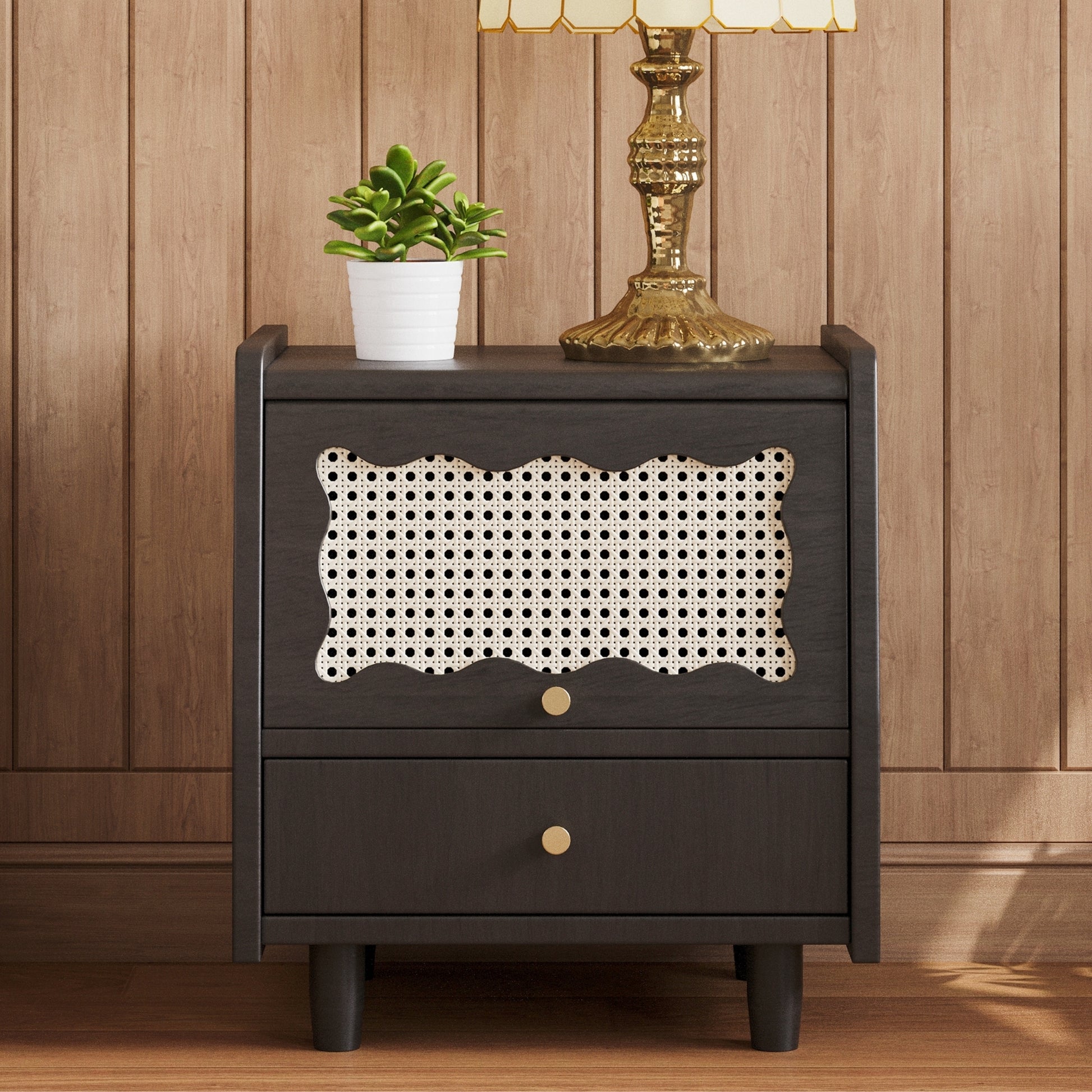 Wooden Nightstand With Rattan Woven Storage Cabinet And 1 Drawer, Exquisite Elegance With Natural Storage Solutions For Bedroom, Black Expected Arrival Time: 08.23 Black 1 Drawer Wood