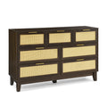 Bedroom 7 Drawer Dresser, Rattan Dresser Modern Wooden Chest Of Drawers With Spacious Storage Space For Bedroom Hallway Living Room Walnut Solid Wood Mdf