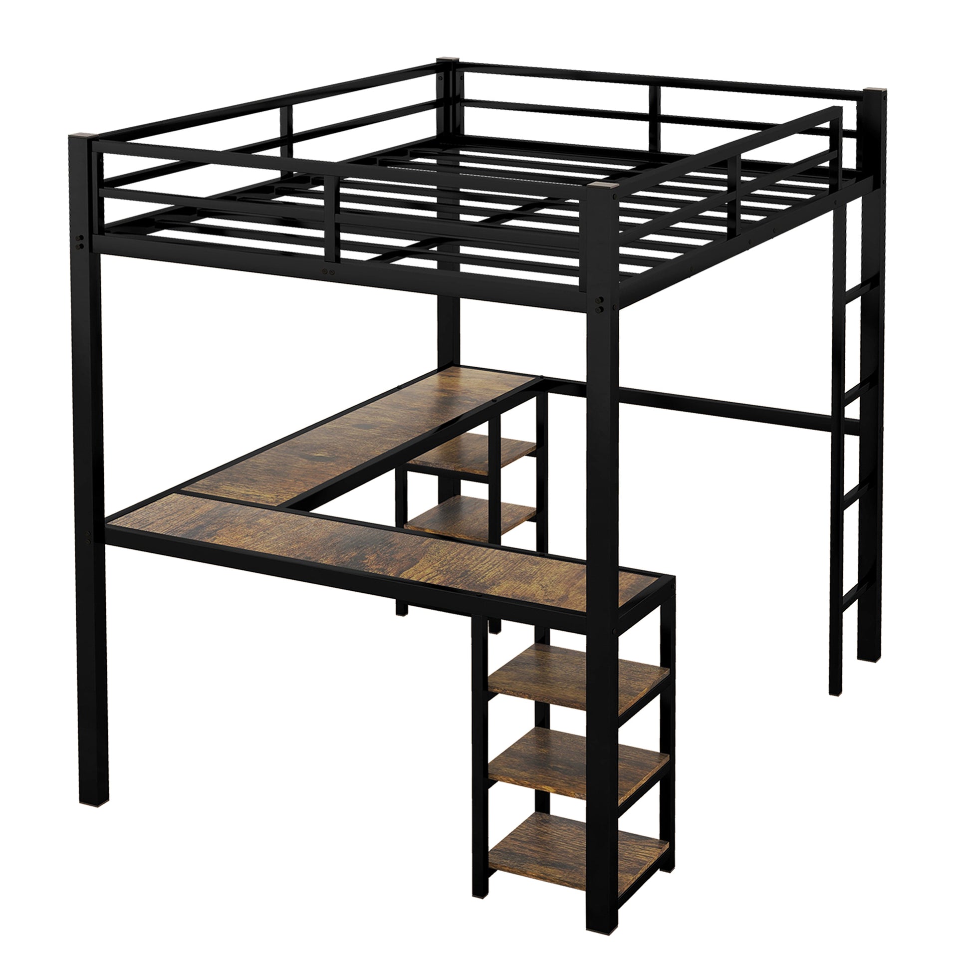 Full Xl Metal Loft Bed With Desk And Shelves, Loft Bed With Ladder And Guardrails, Loft Bed Frame For Bedroom, Black Full Xl Black Metal