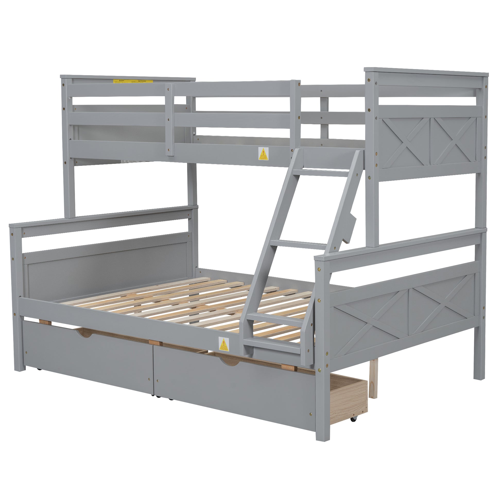 Twin Over Full Bunk Bed With Ladder, Two Storage Drawers, Safety Guardrail, Gray Box Spring Not Required Twin Gray Wood Bedroom Bunk Pine