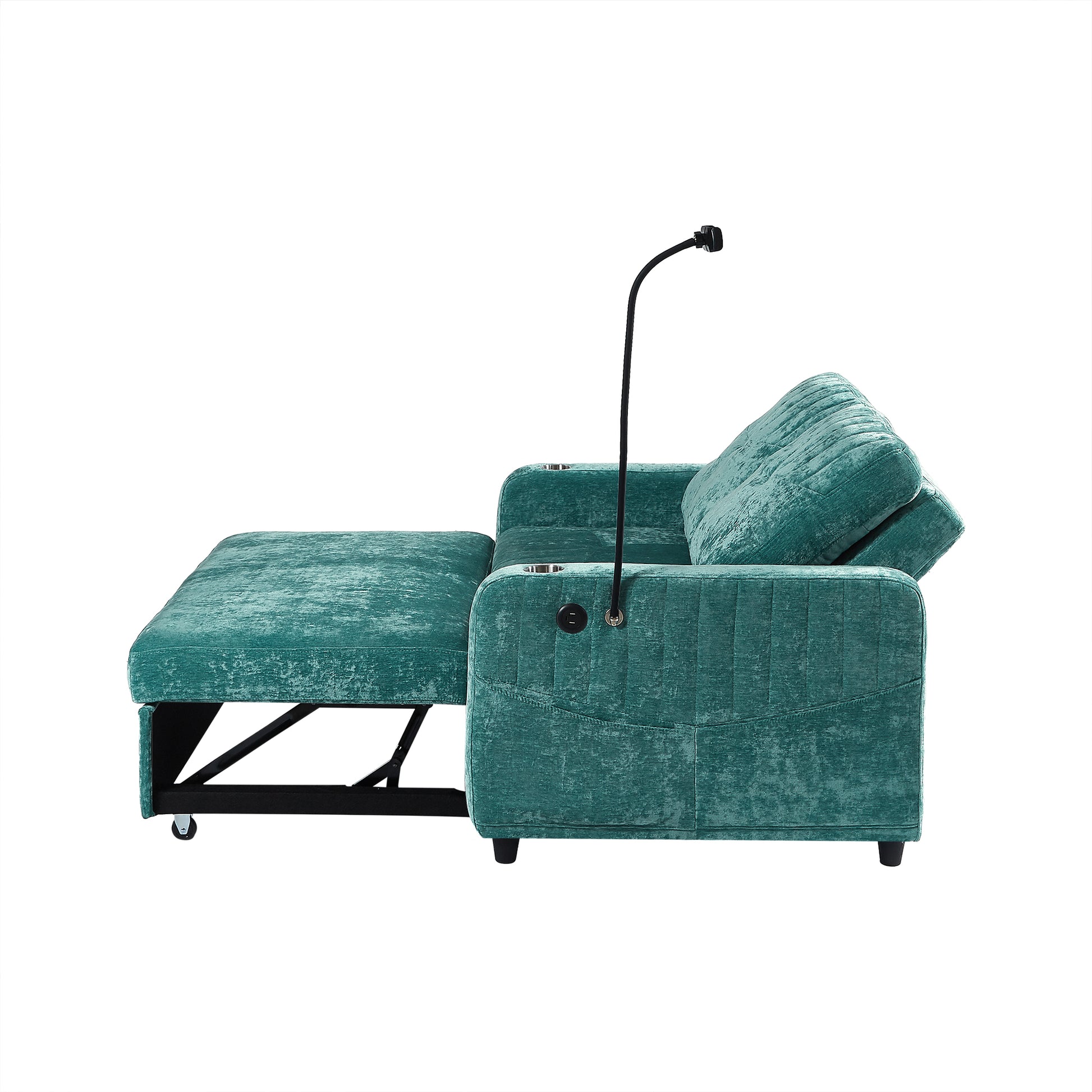 53.9" Modern Loveseat Pull Out Sofa Bed With Adjustable Backrest, Two Cup Holdersa Phone Holder, Three Charging Ports And Side Storage Pockets For Living Room, Teal Teal Foam Chenille