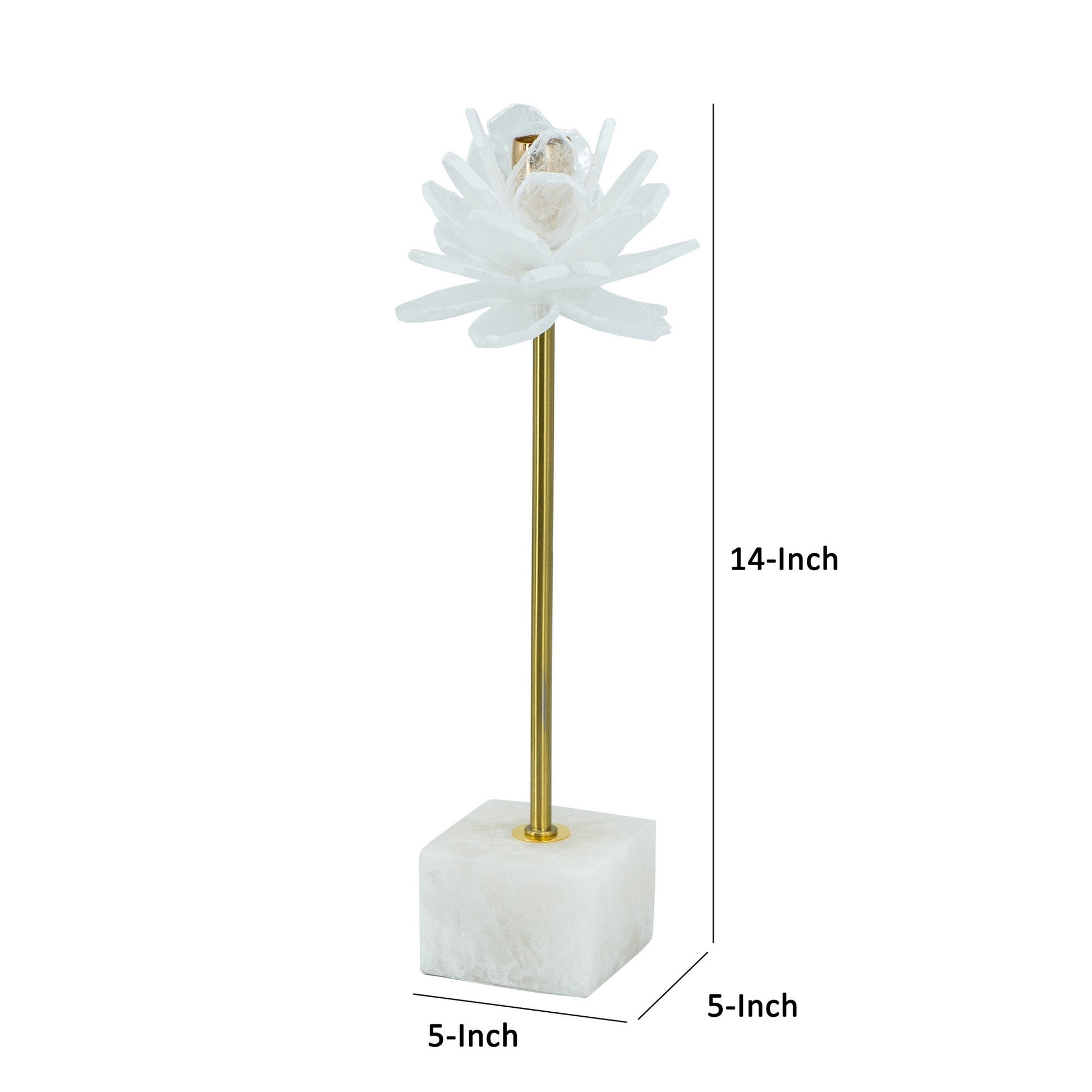 Sel 14 Inch Candle Holder With Modern Selenite Stone Accent, Gold And White White Gold Iron