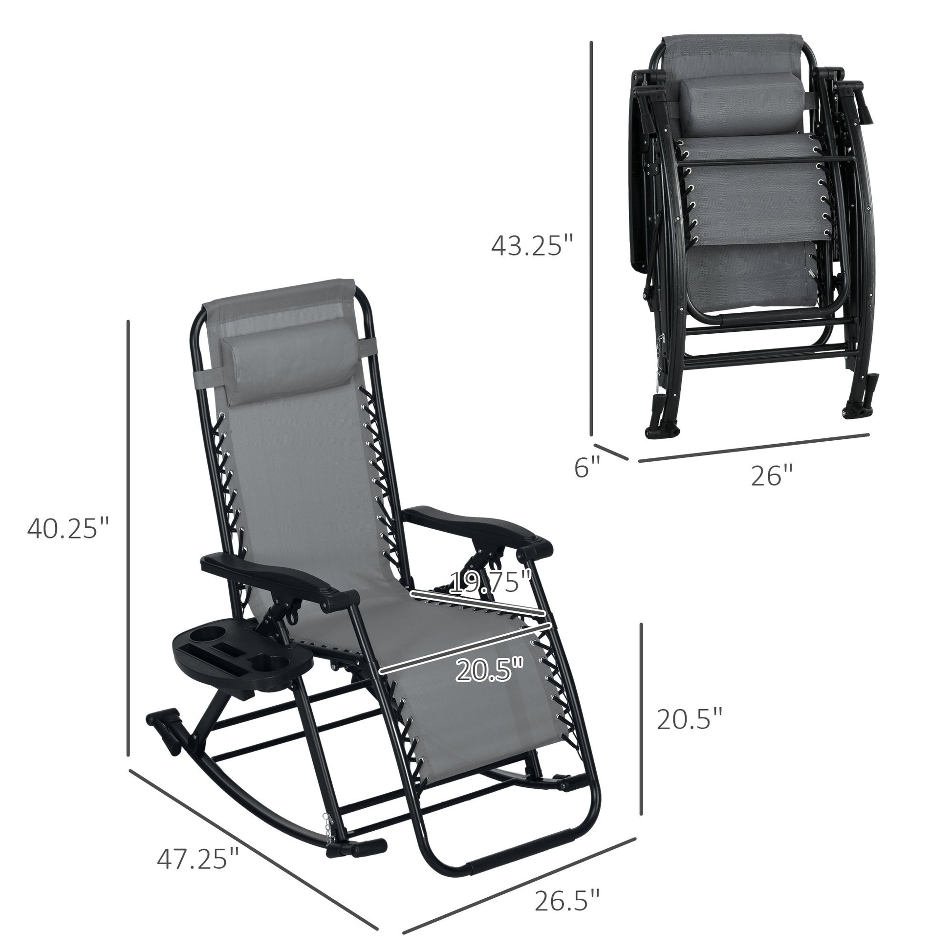 Outsunny 2 Pieces Outdoor Rocking Chairs, Foldable Reclining Zero Gravity Lounge Rocker With Pillow, Cup & Phone Holder, Combo Design With Folding Legs, Gray Gray Steel