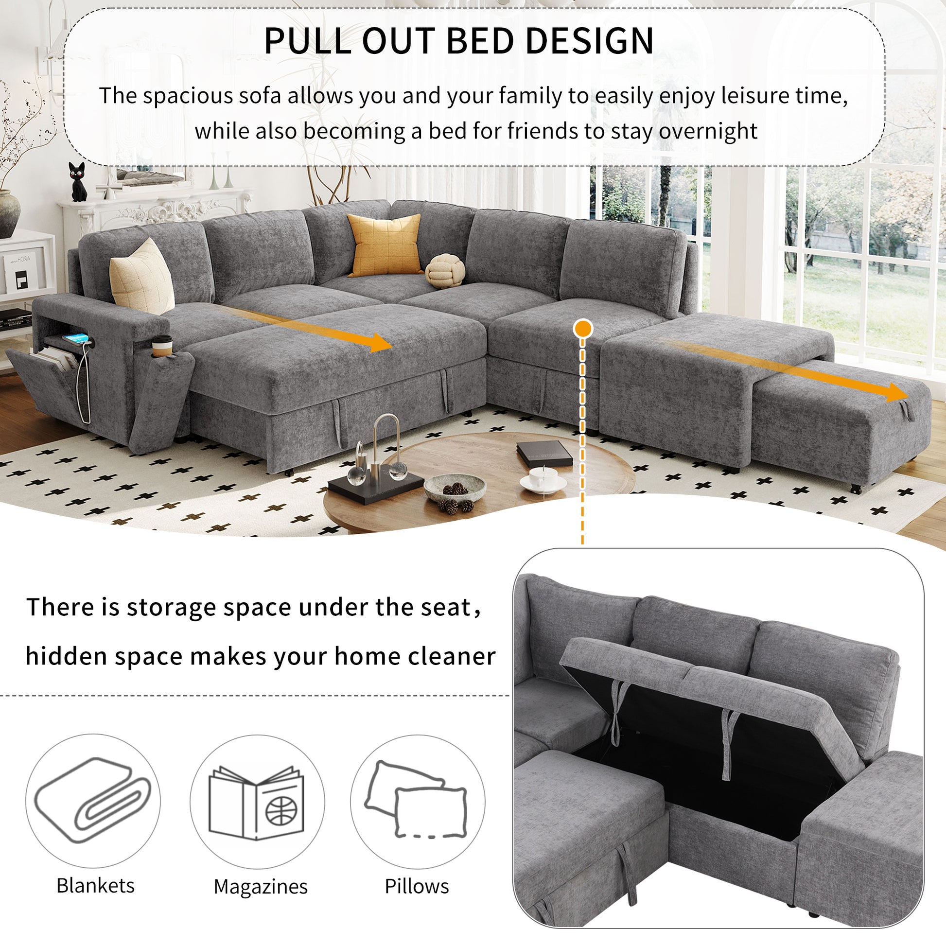 L Shaped Padded Modular Sofa With Storage Space, Usb Ports, And Cup Holders On The Armrests, Suitable For Living Rooms, Offices, And Apartments. Gray Wood Polyester 5 Seat