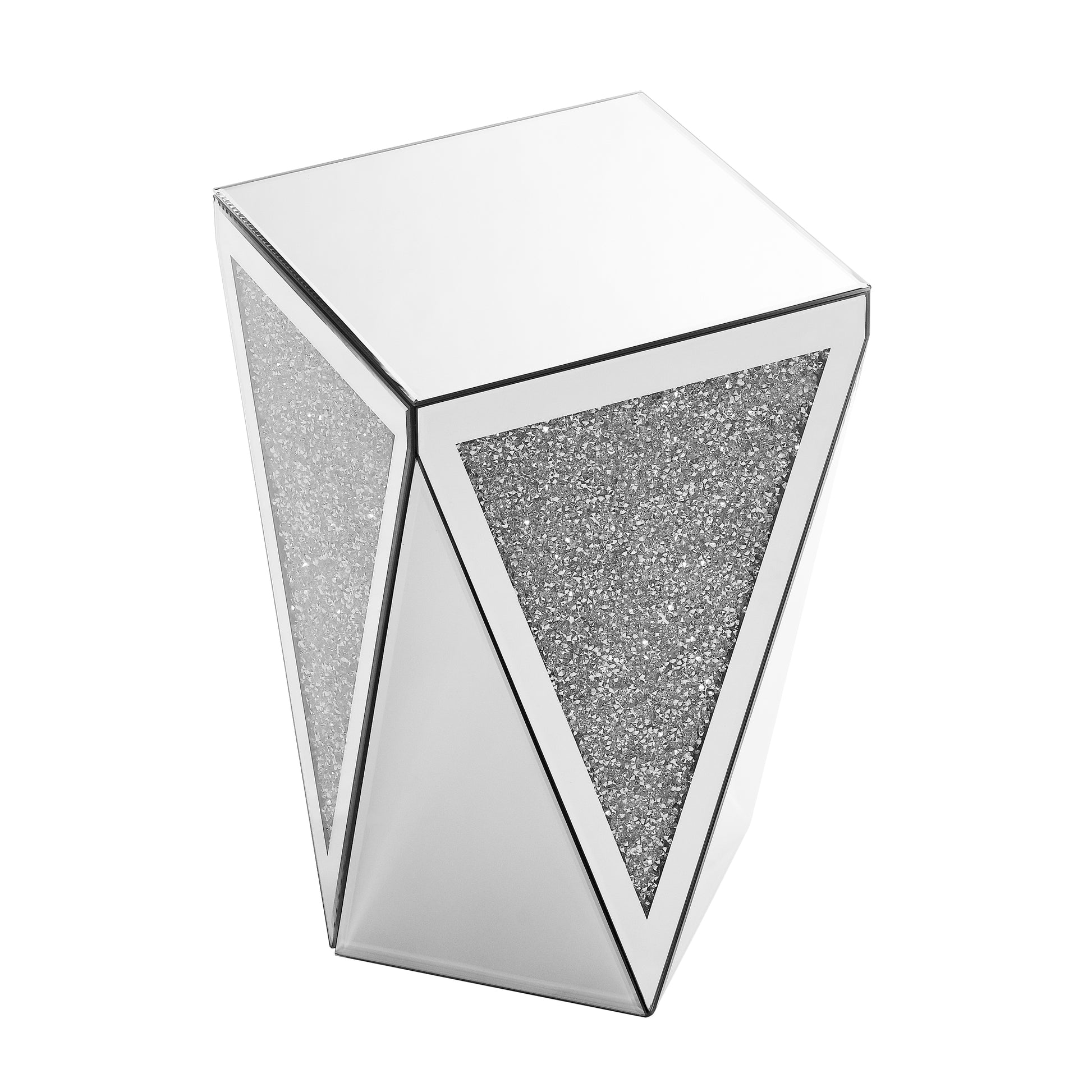 Inverted Triangular Mirror Square Table, Crystal Diamond Inlaid Coffee Table, Silver Glass Side Table Suitable For Corridors, Living Rooms, Corners, Bedrooms, Sofas Silver Mirrored Finish Desk And Chair Set Primary Living Space American Design