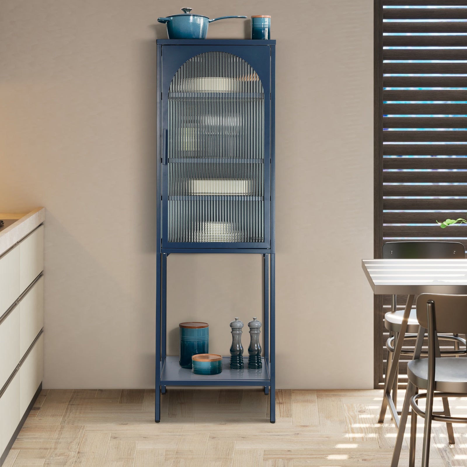 Stylish Tempered Glass High Cabinet With Arched Door Adjustable Shelves And Feet Anti Tip Dust Free Fluted Glass Kitchen Credenza Blue Blue Tempered Glass Sheet Metal Plastic