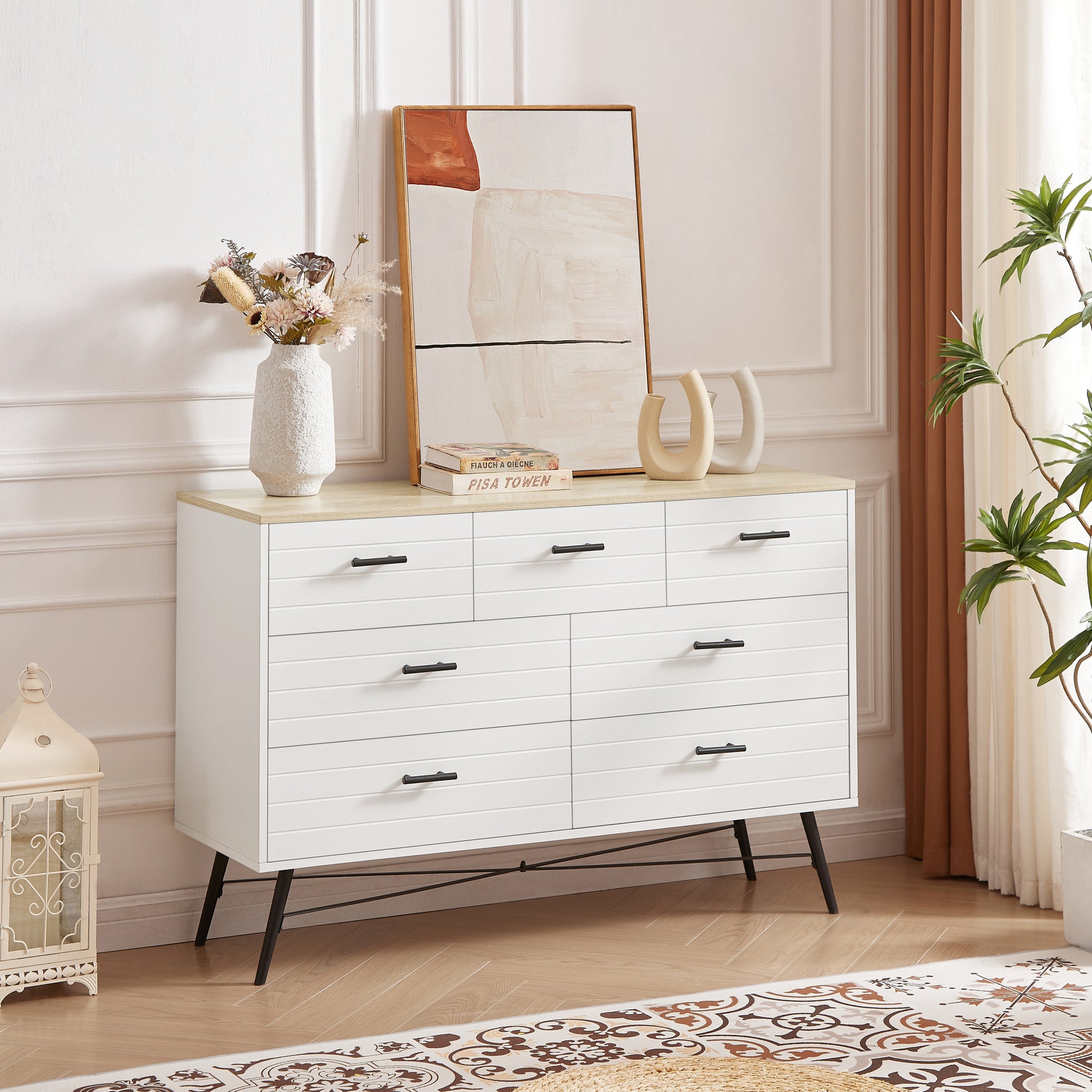 7 Drawer Dresser For Bedroom With Deep Drawers, Wood Dressers & Chest Of Drawers, Modern White Long Dressers For Closet Living Room, 47.2"W X 15.7"D X 31.5"H, White & Oak White Light Oak White Rustic,Vintage Particle Board