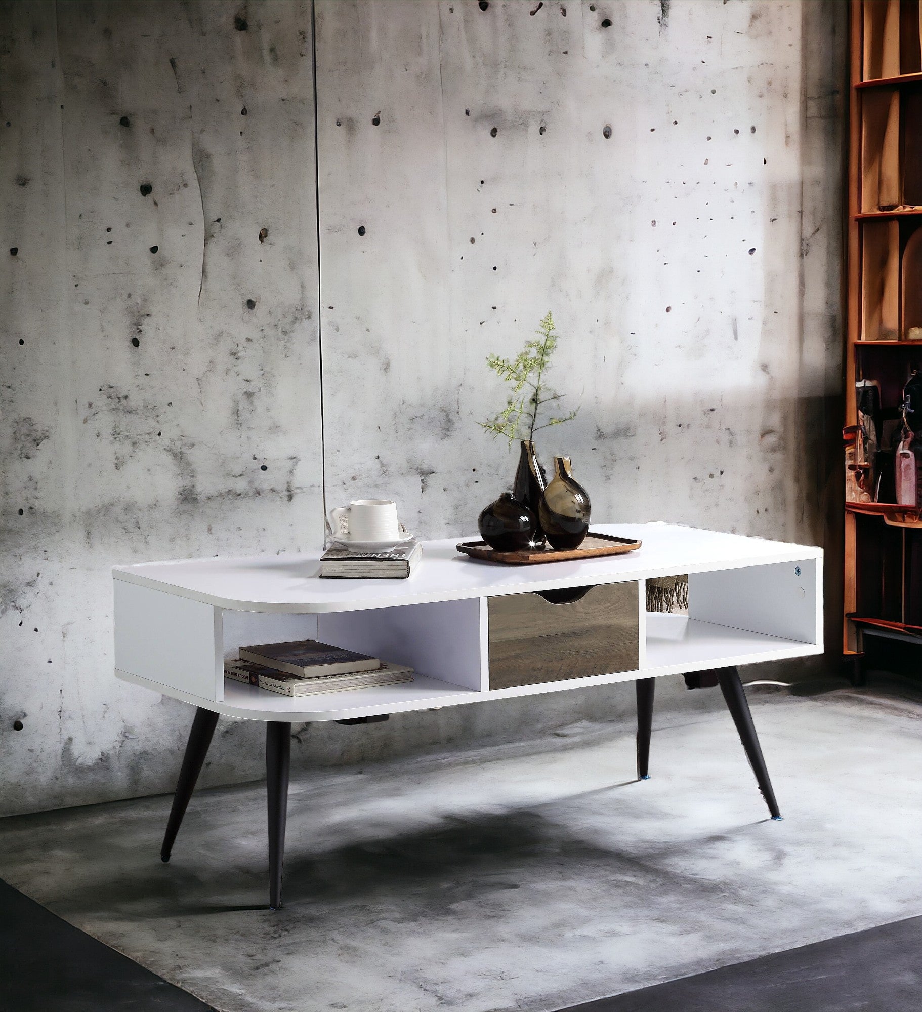 Halima White & Black Finish Coffee Table Black,White Metal,Synthetic Wood