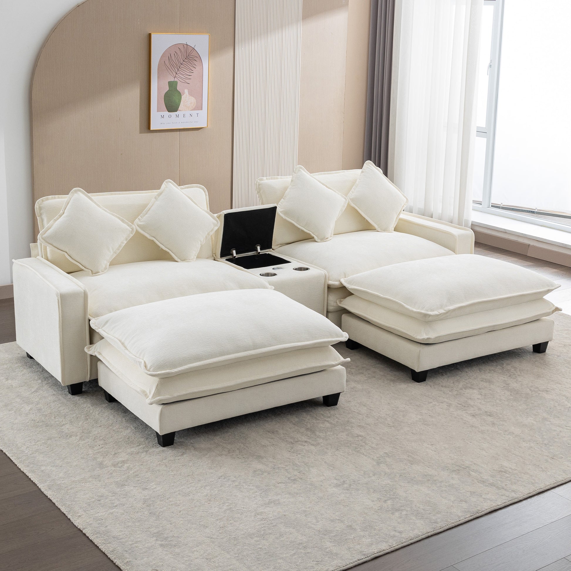 112.6" Sectional Sofa Chenille Upholstered Sofa With Two Removable Ottoman, Two Usb Ports, Two Cup Holders And Large Storage Box For Living Room, Beige Beige Foam Chenille 2 Seat