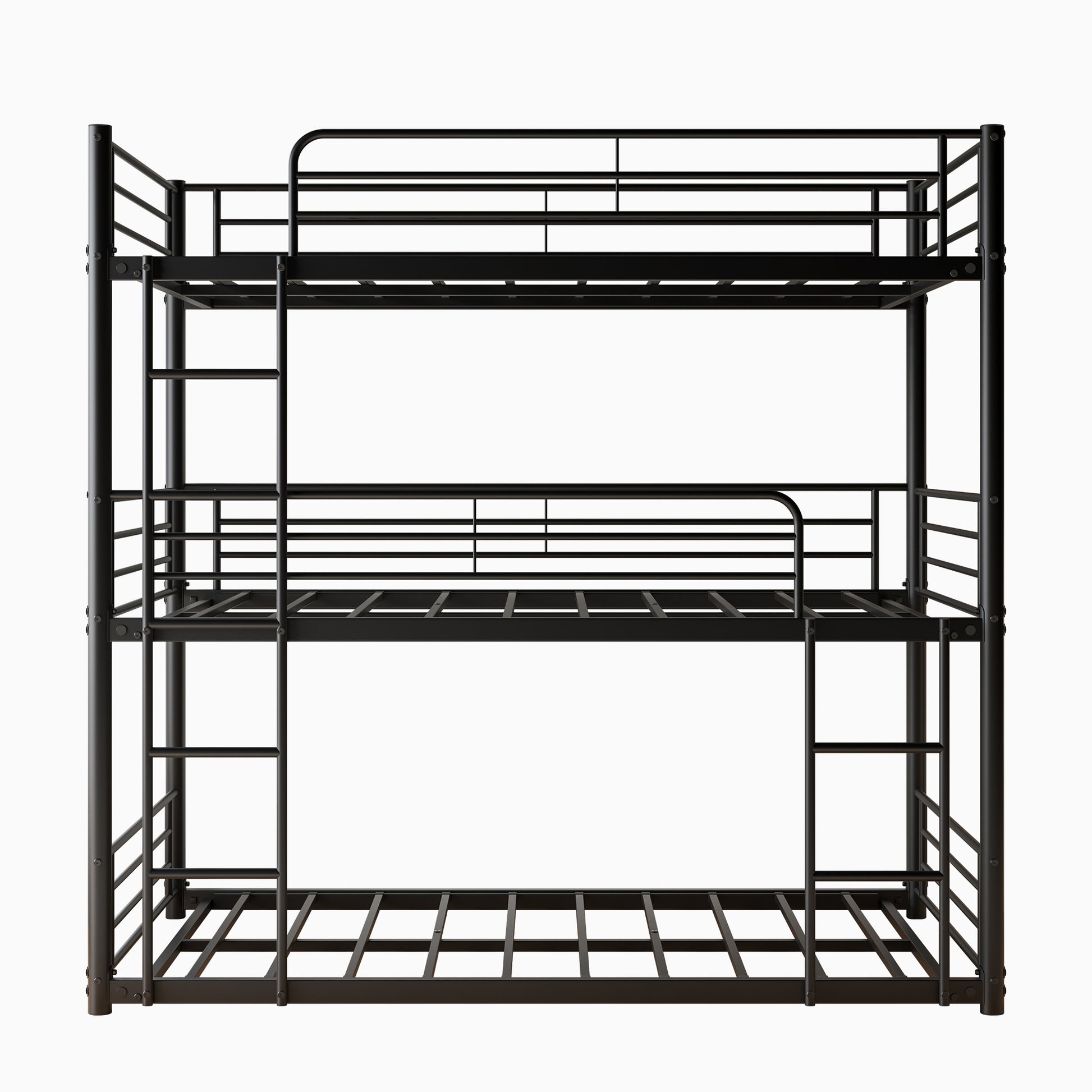 Triple Twin Bunk Beds, Twin Over Twin Over Twin Metal Bunk Bed Platform Frame, Two Attached Ladders, Easy Access Guard Rail, No Box Spring Need Black Box Spring Not Required Twin Black Metal Bedroom