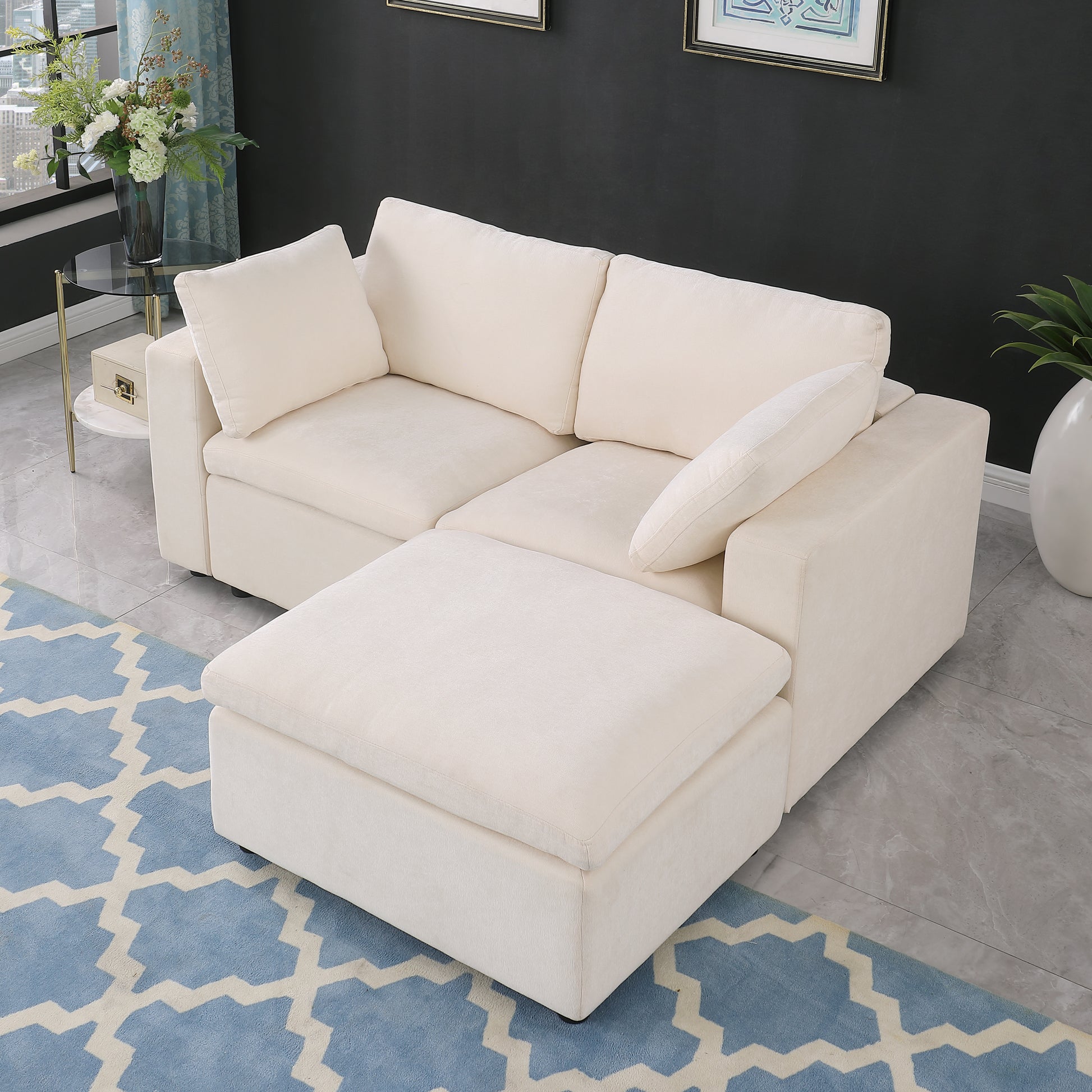 68.5" Loveseat Sofa With Ottoman Modular Sectional Beautiful Seat Couch Small L Shaped Upholstered Couch For Living Room Apartment Small Space, Chenille Beige Beige Fabric 3 Seat