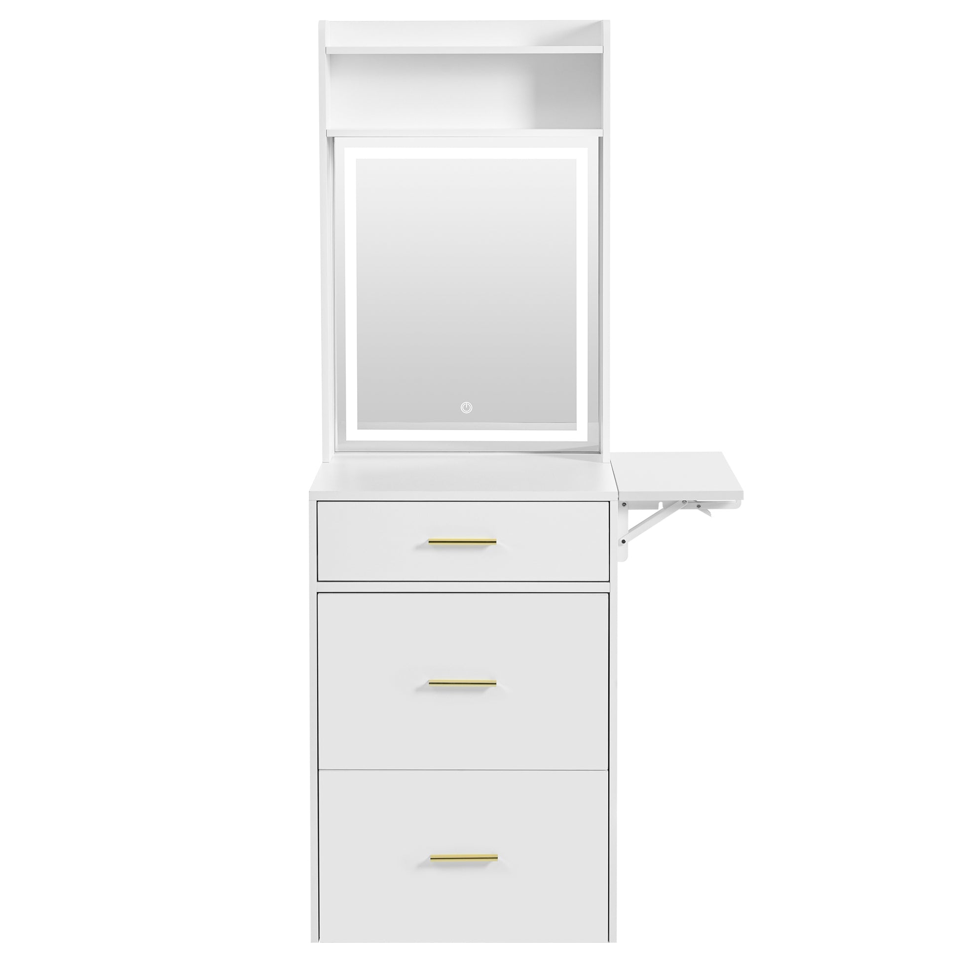 Small Vanity Desk With Mirror And Light, Dressing Table With Charging Station & Fold Up Panel For Small Space, Compact Makeup Vanity Set With Hidden Stool For Bedroom, White White Mdf,Tempered Glass
