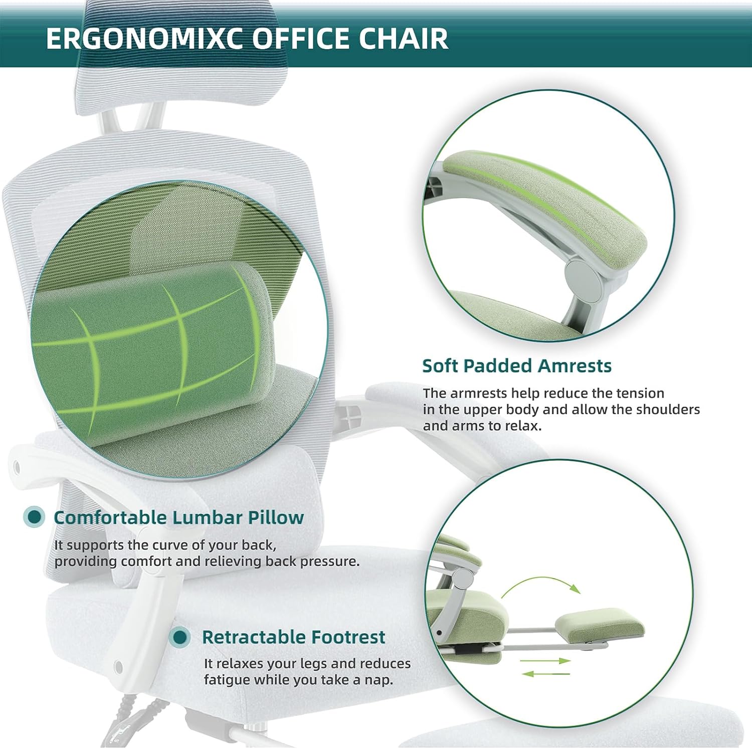 Retractable Footrest Ergonomic Swivel Office Chair With Lumbar Support Pillow And Padded Armrests, Green Green Metal