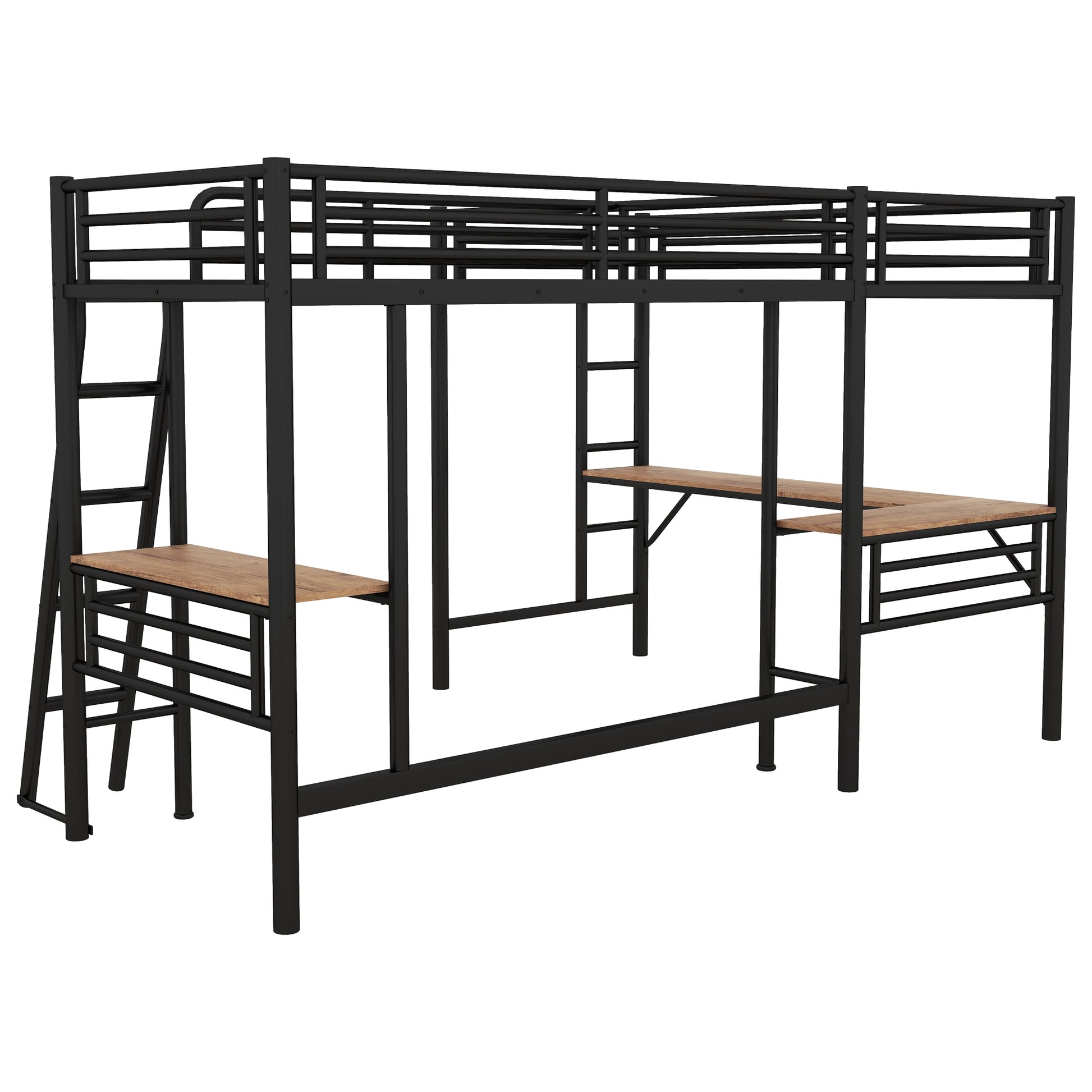 Twin Size Metal Loft Bed With Two Built In Desks,Black Twin Black Metal