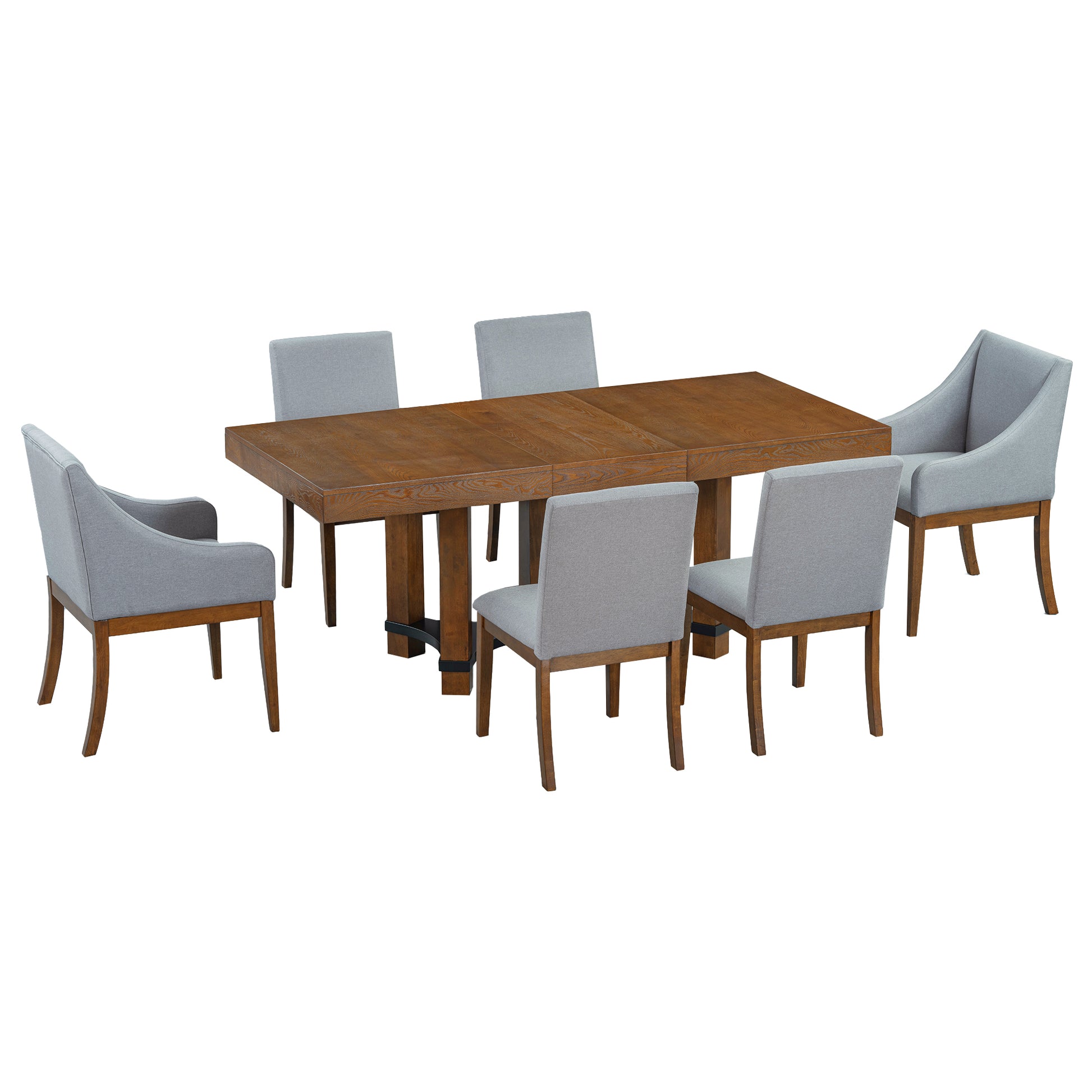 Rustic 7 Piece 76.4Inch Extendable Dining Table Set With 18Inch Removable Leaf, 2 Arm Chairs And 4 Armless Chairs, Brown Wood Dining Room Solid Wood Rubberwood Rectangular Dining Table With Chair Upholstered Chair Wood Brown Seats 6 Removable Leaf