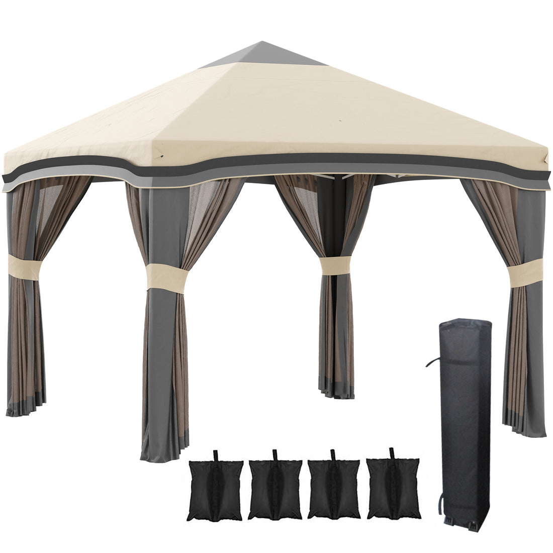 Outsunny 10' X 10' Pop Up Canopy Tent With Netting, Instant Tents For Parties, Height Adjustable, With Wheeled Carry Bag And 4 Sand Bags For Outdoor, Garden, Patio, Beige Beige Steel