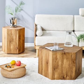 Modern Minimalist Set Of Two Hexagonal Wood Grain Mdf Coffee Tables.Modern Mdf Coffee Table, With Complex Texture Patterns, Style And Texture Coffee Table To Redefine Your Interior Decoration. Wood