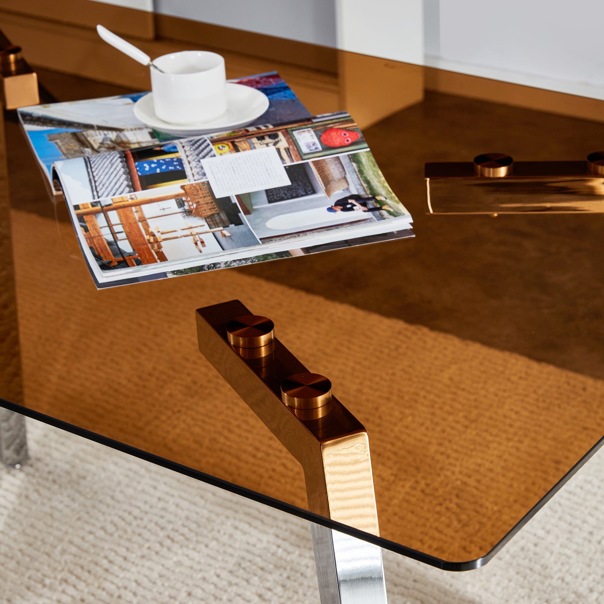 Table And Chair Set.Large Modern Rectangular Table With Brown Glass Top And Silver Metal Legs. Paired With 6 Light Gray Chairs With Checkered Armless High Back Pu Cushion And Silver Metal Legs. Light Gray,Silver Seats 6 Glass Metal