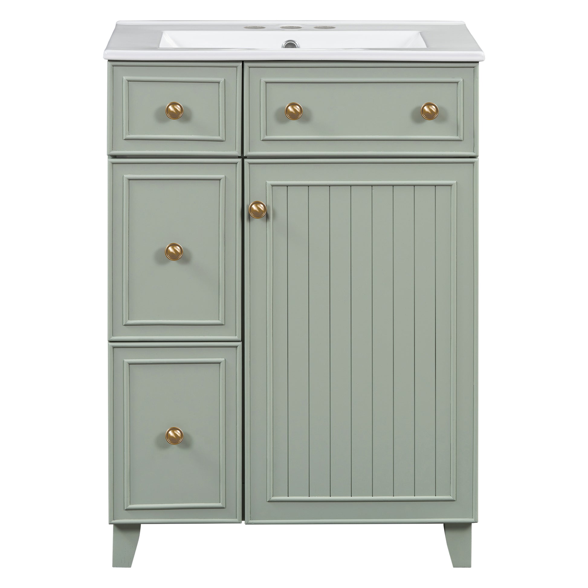 24 Inch Bathroom Vanity Cabinet With Ceramic Sink, 2 Drawers, 1 Door Green Bathroom Solid Wood Mdf