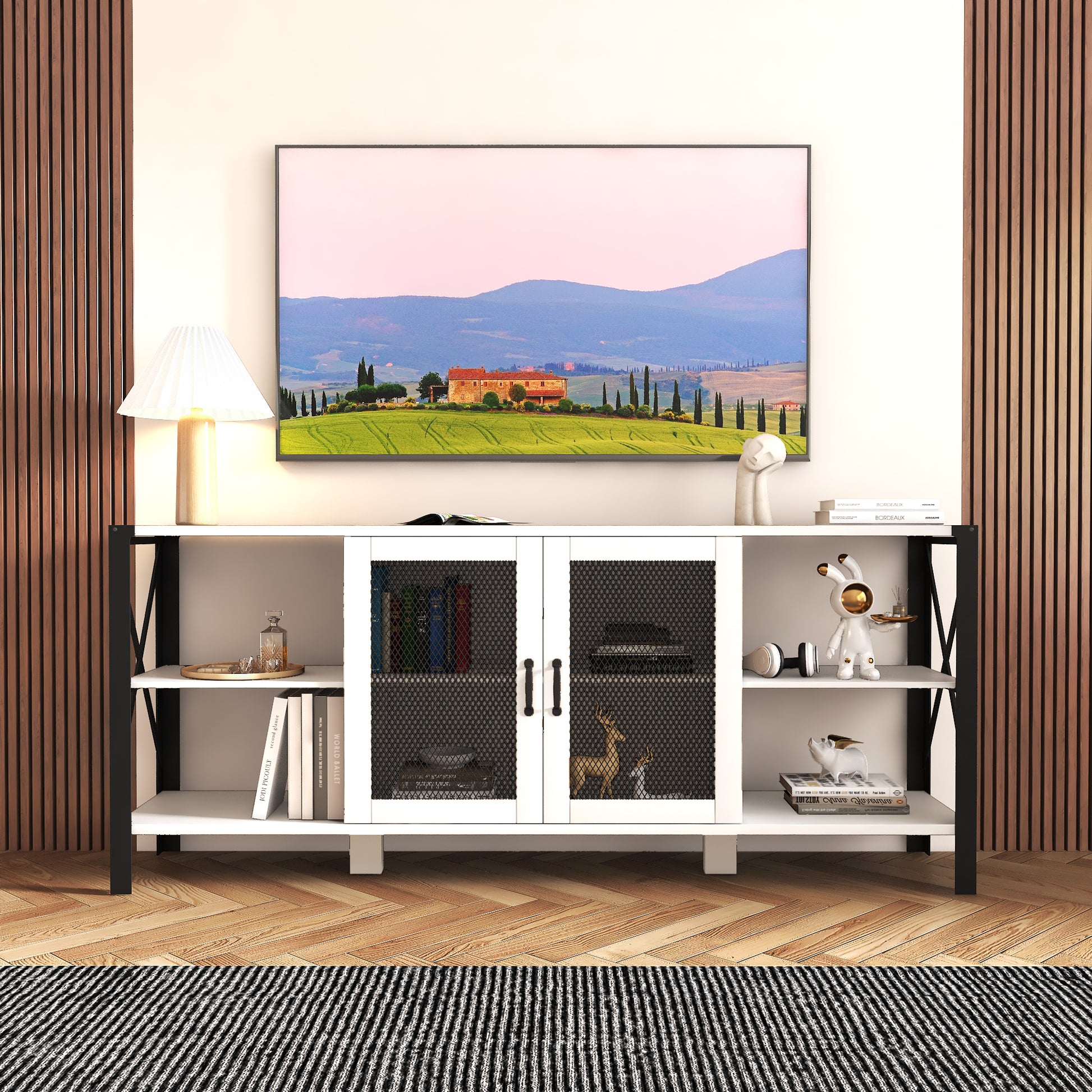 Tv Stands For Living Room, Industrial Tv Stand For Bedroom Furniture, Farmhouse Tv Stand 80 Inch Television Standmodern Horizontal Wood And Metal Open Bookshelf White 70 79 Inches Particle Board Mdf