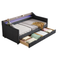 Twin Size Daybed With 2 Storage Drawers And 2 Tier Shelf & Usb Type C Port, Modern Linen Upholstered Sofa Day Bed Frame With Smart Led Light For Livingroom, Apartment, Dark Grey Box Spring Not