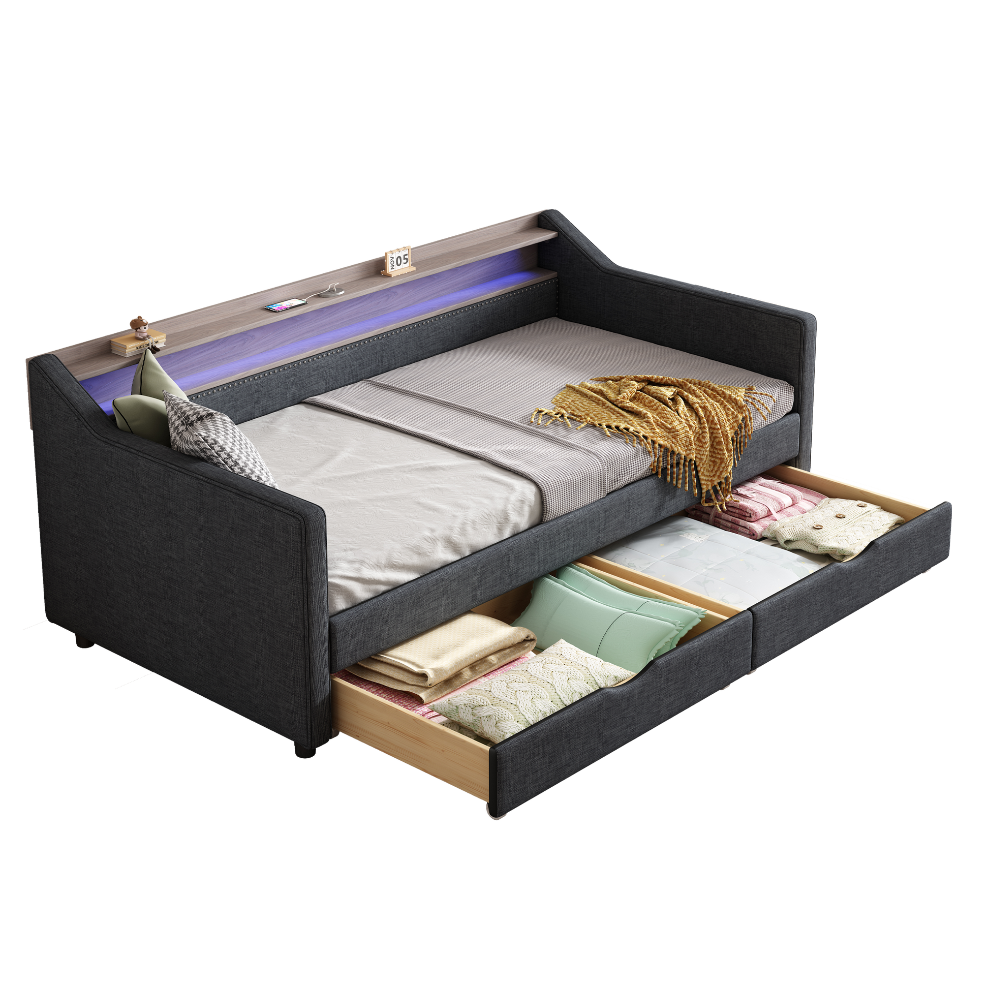 Twin Size Daybed With 2 Storage Drawers And 2 Tier Shelf & Usb Type C Port, Modern Linen Upholstered Sofa Day Bed Frame With Smart Led Light For Livingroom, Apartment, Dark Grey Box Spring Not