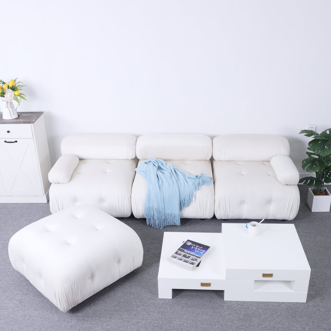Modular Sectional Sofa Couch, Modern L Shaped Cloud Couch With Reversible Ottoman Convertible Button Tufted Velvet Fabric Couches For Living Room, Diy Combination,Cream Green Velvet 4 Seat