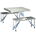 Outsunny Folding Picnic Table With Umbrella Hole, Aluminum Suitcase Portable Outdoor Table With Bench, Patio, Porch Or Camping Table And Chair Set, Silver Silver Mdf