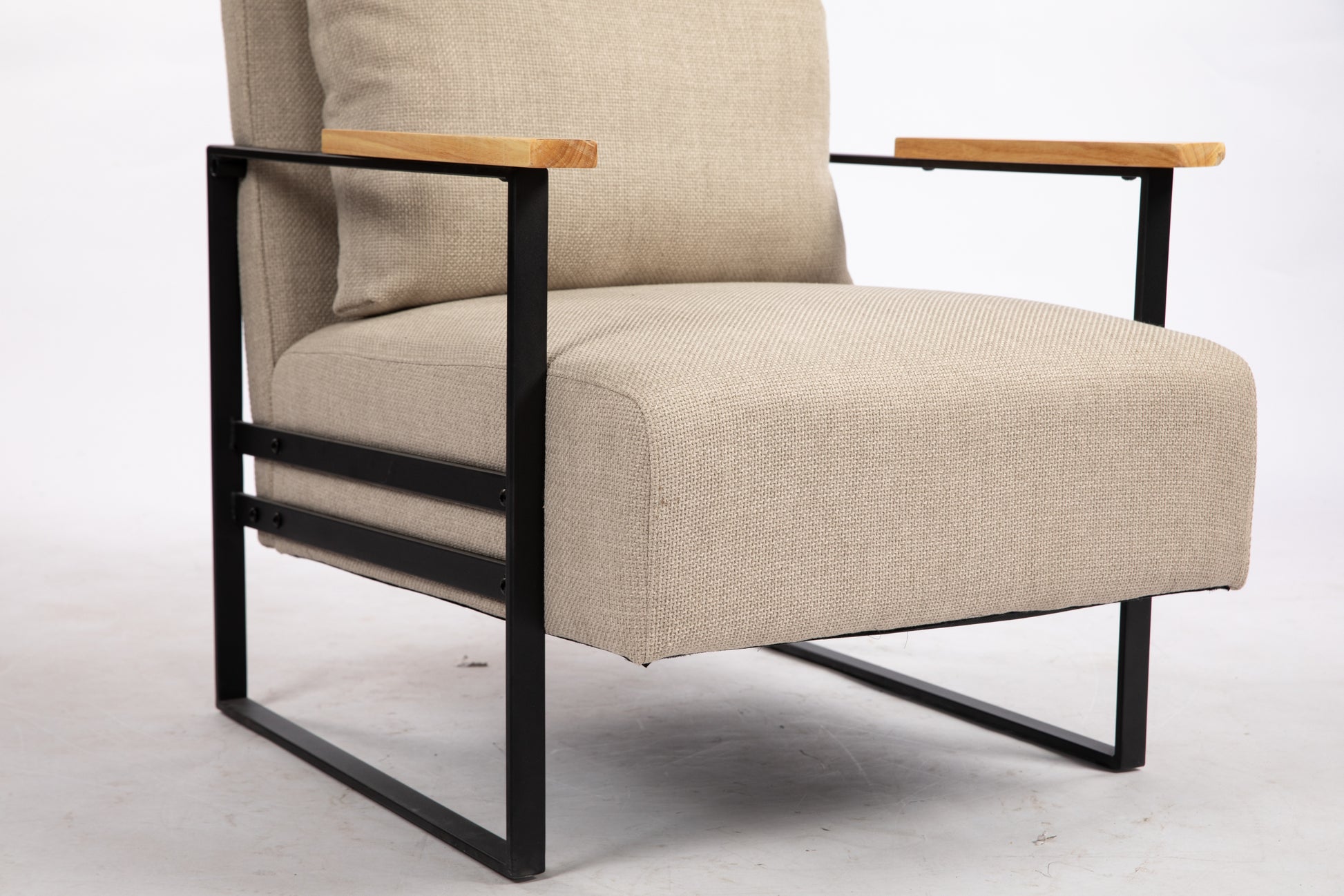 Leather Accent Chair Guest Chair For Living Room, Mid Century Armchair For Bedroom Khaki Linen