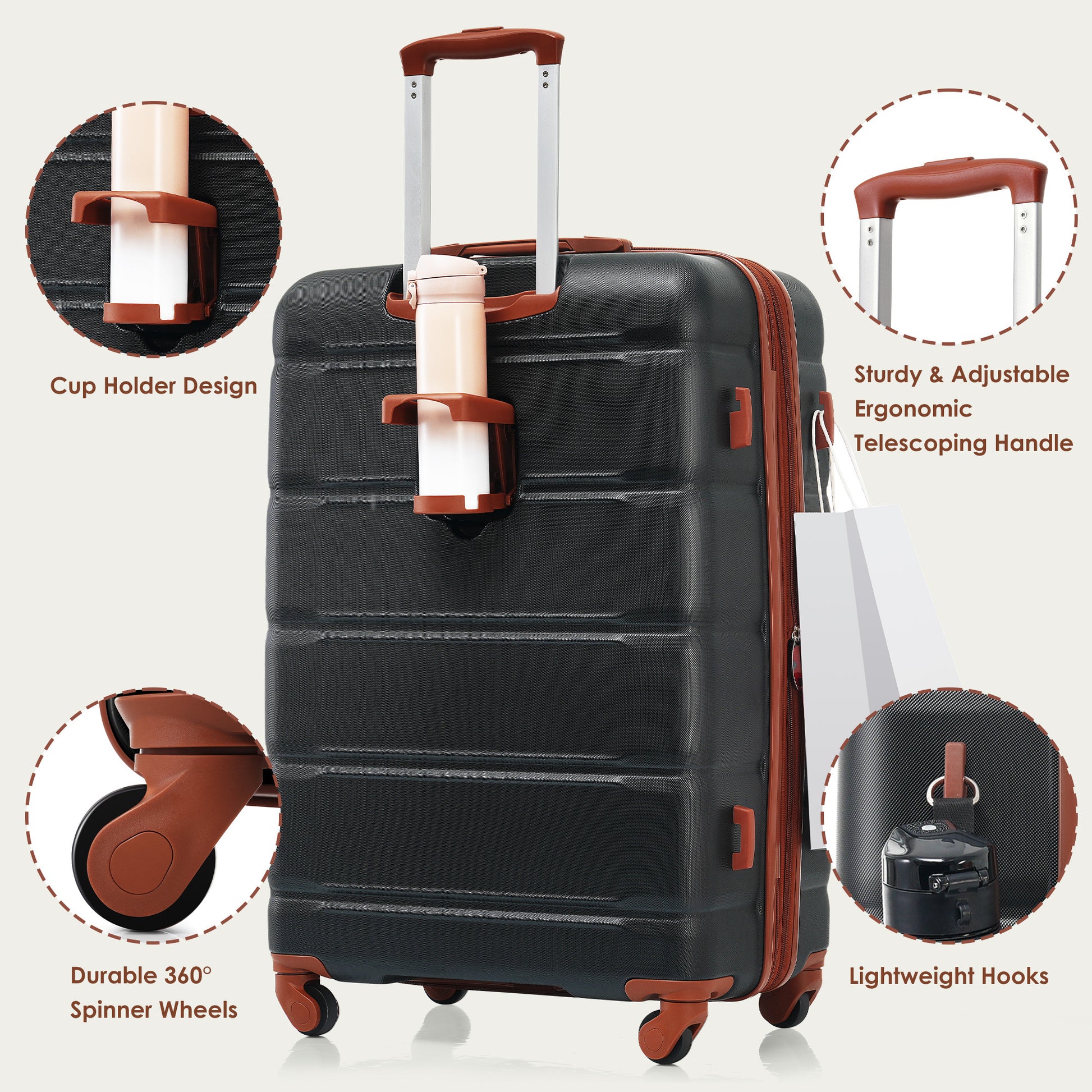 Luggage Sets 4 Piece, 20 Inch With Usb Port, Expandable Abs Durable Suitcase With Travel Bag, Cup Holder, Abs Hard Shell Luggage With Spinner Wheels, Black And Brown Black Brown Abs