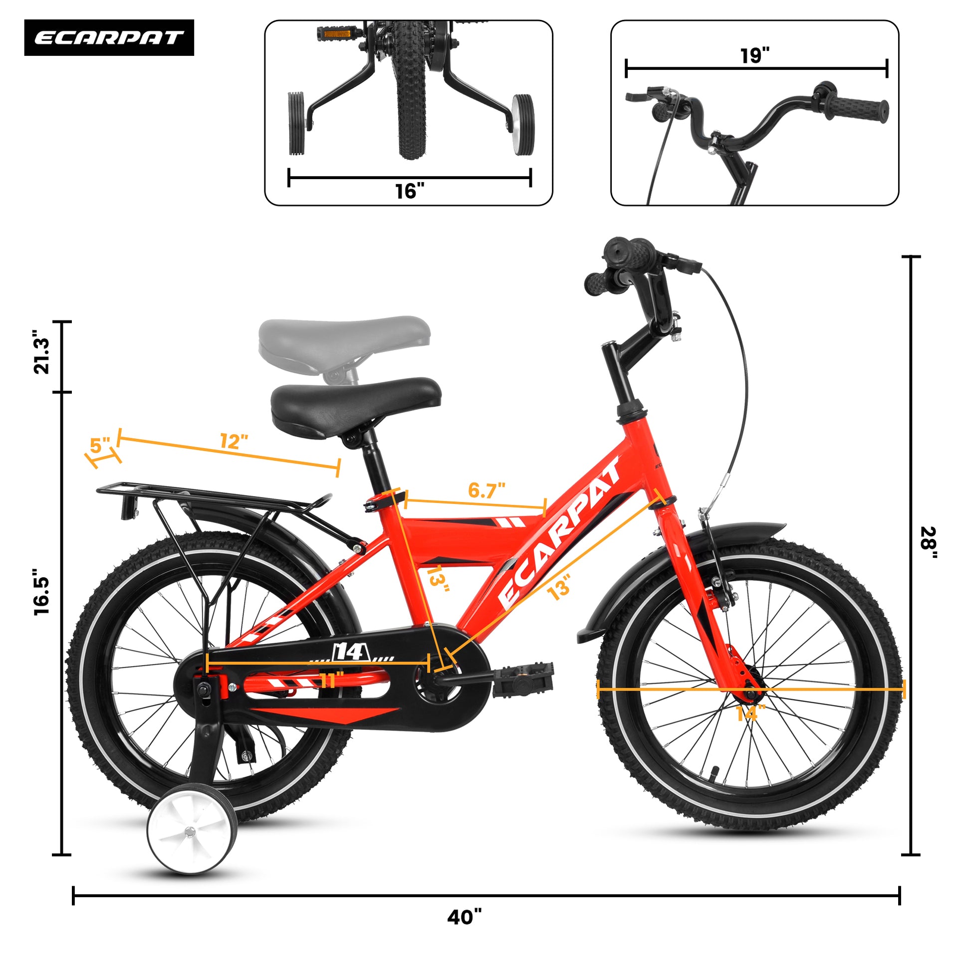 A14115 Kids Bike 14 Inch For Boys & Girls With Training Wheels, Freestyle Kids' Bicycle With Fender And Carrier. Red Steel