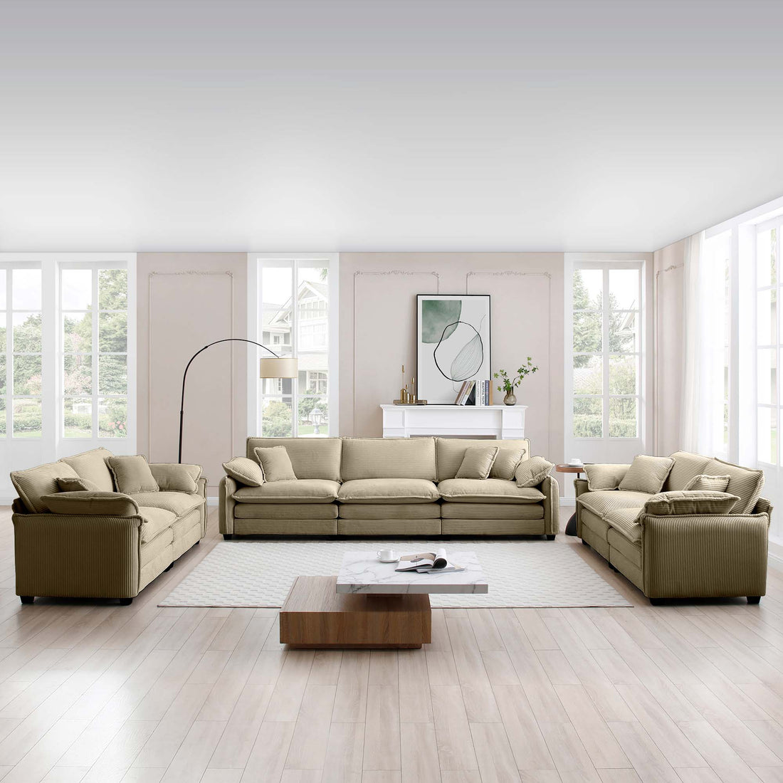 Modern Living Room Sofa 3 Pieces Set, Two 2 Seater Sofas And One 3 Seater Sofas, Upholstery Large Deep Seat Sofa With Sofat Cushion And Pillowss,Tan Corduroy Tan Corduroy 7 Seat