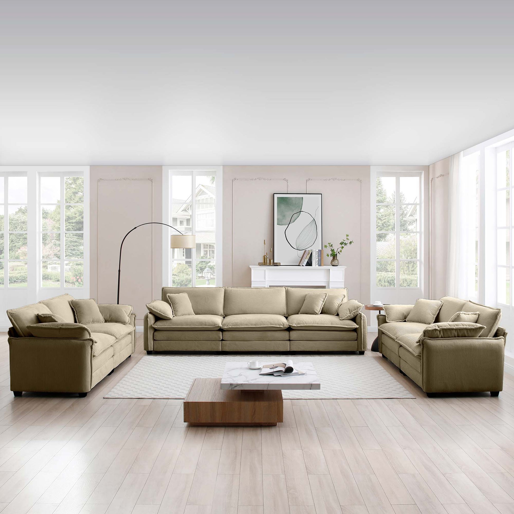 Modern Living Room Sofa 3 Pieces Set, Two 2 Seater Sofas And One 3 Seater Sofas, Upholstery Large Deep Seat Sofa With Sofat Cushion And Pillowss,Tan Corduroy Tan Corduroy 7 Seat
