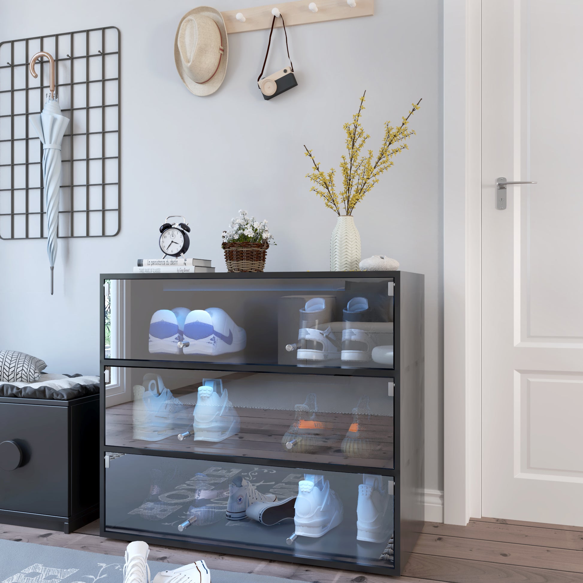 Black Glass Door Shoe Box Shoe Storage Cabinet With Rgb Led Light Black Mdf