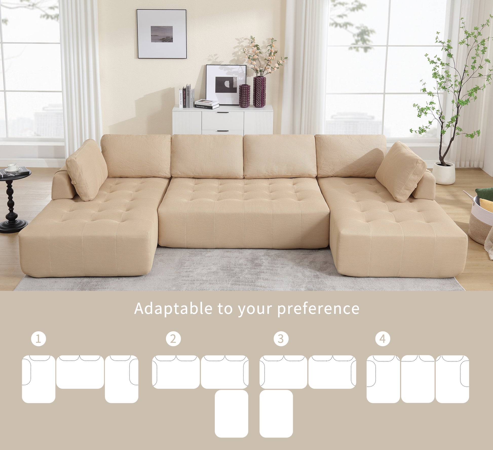 Arrived 138.5 "Modular Combination Sofa, U Shaped Sofa, Living Room, Apartment, Upholstered ,6 Seat Sofa, Free Combination Sofa Mesh Fabric ,Fabric, Khaki Khaki Polyester Primary Living Space Soft