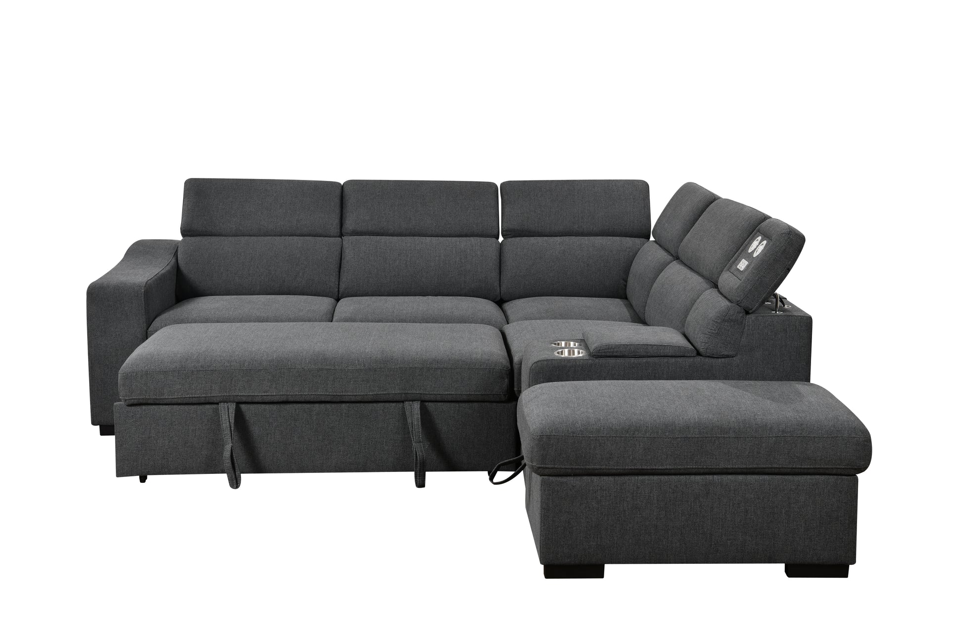 105"L Shape Sectional Sofa With Pull Out Bed And Ottoman Storage Space, Right Chaise Longue,Convertible Sleeper Couch, Tea W 2 Cup Holders & Storage & W Led, For Living Room, Apartment, Dark Gray