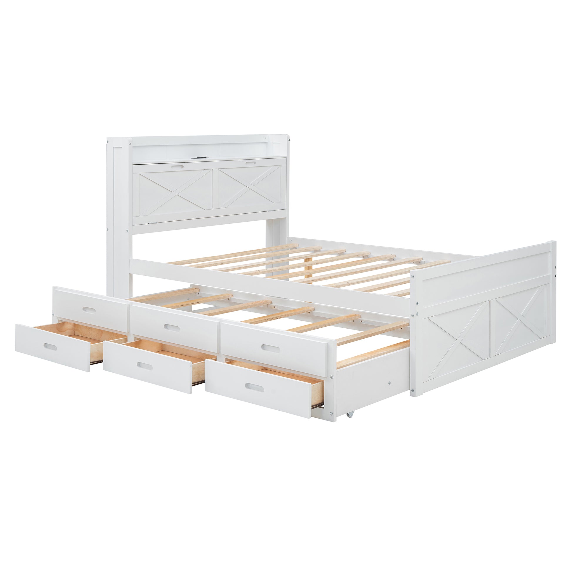 Full Size Wooden Bed With Storage Headboard With Outlets, Extendable Bed With Twin Size Trundle With Three Storage Drawers,White Expected Arrival Time:8.23 Full White Wood