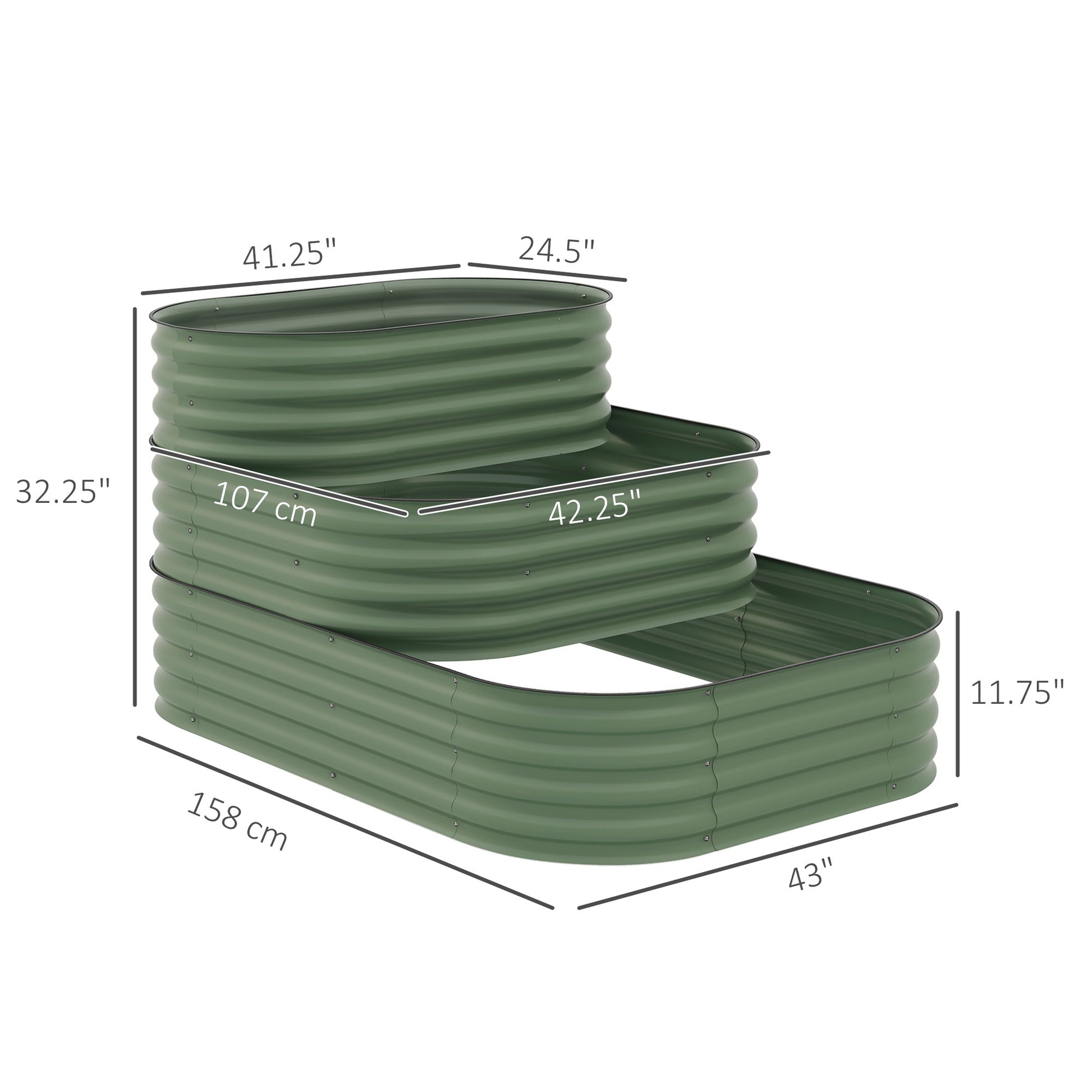 Outsunny 3 Tier Galvanized Steel Raised Garden Bed Kit, 62.25" X 43" X 32.25", 3 Combining Planter Boxes With Rubber Strip Edging, Open Bottom For Backyard, Garden, Patio, Green Green Zinc