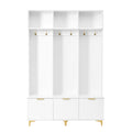 Modern Large Storage Hall Tree With Bench, Multi Functional Storage Bench With High Gloss Fluted Doors, Luxurious Coat Rack With 6 Gold Hooks And Legs For Entryway, Living Room, White White Gold Particle Board