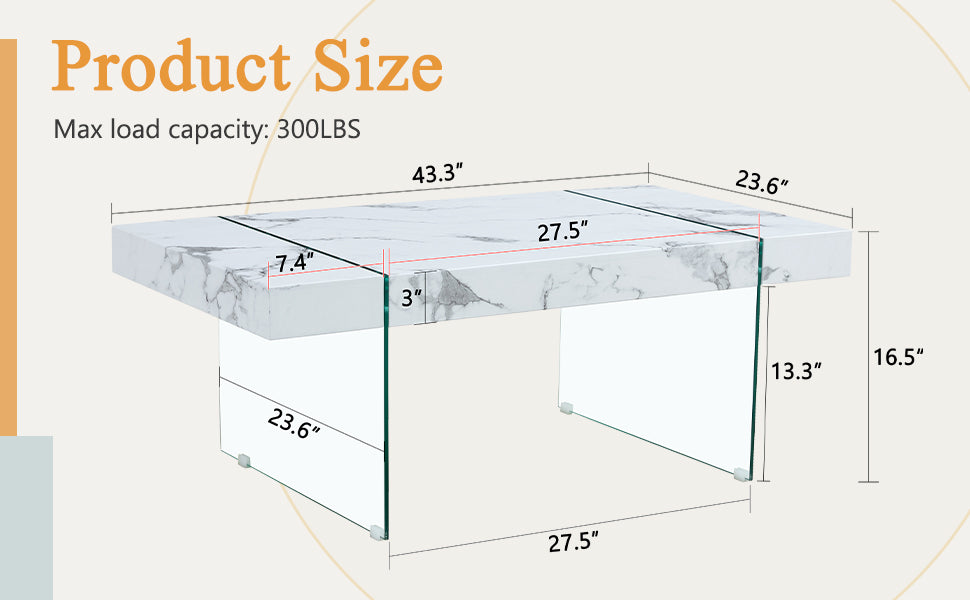 43.3"X23.6" White Marble Patterned Mdf Coffee Table With Tempered Glass Legs.Suitable For Living Room.It Can Be Used Not Only As A Coffee Table But Also As A Side Table Or Display Stand.