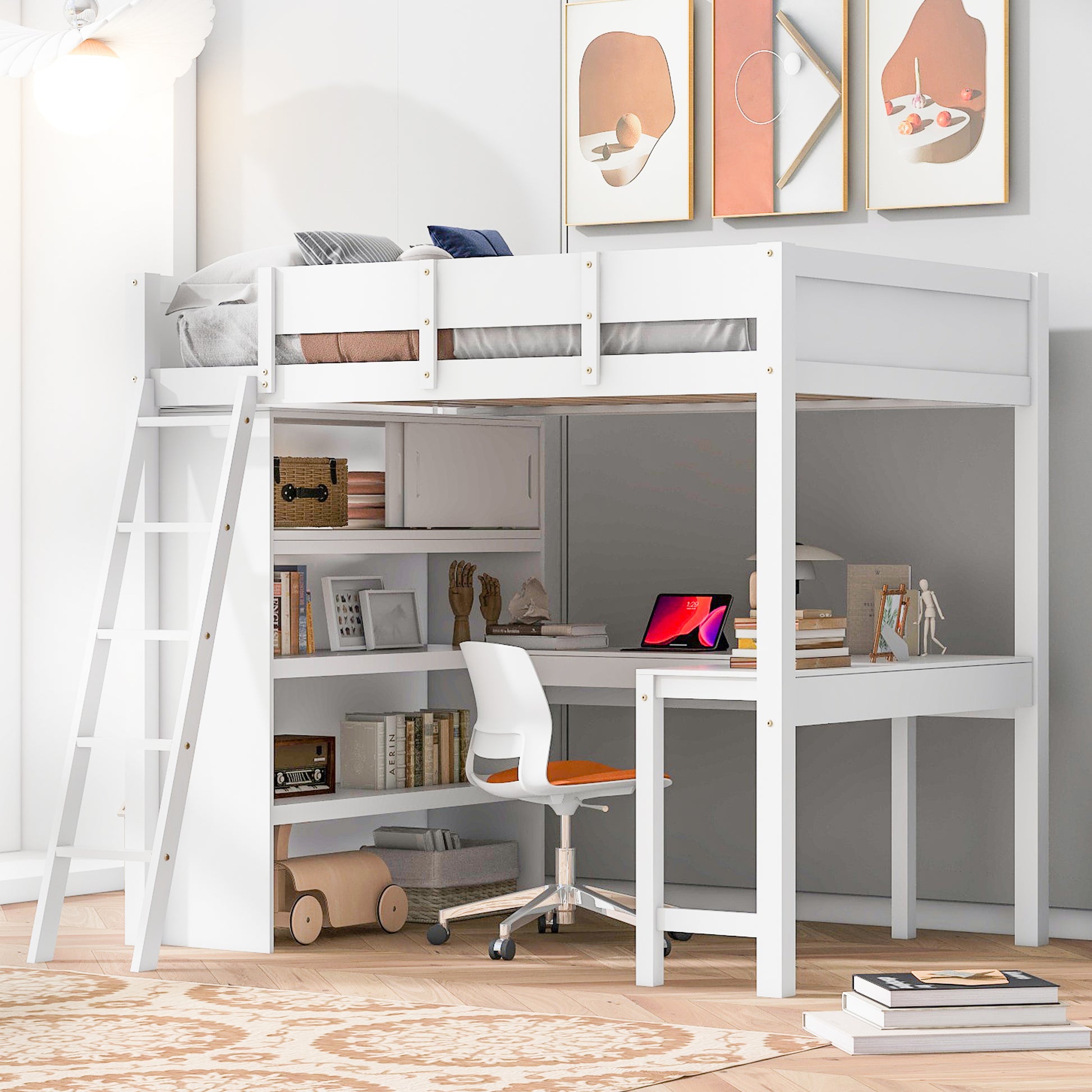 Full Size Loft Bed With Desk And Shelf White Full White Solid Wood