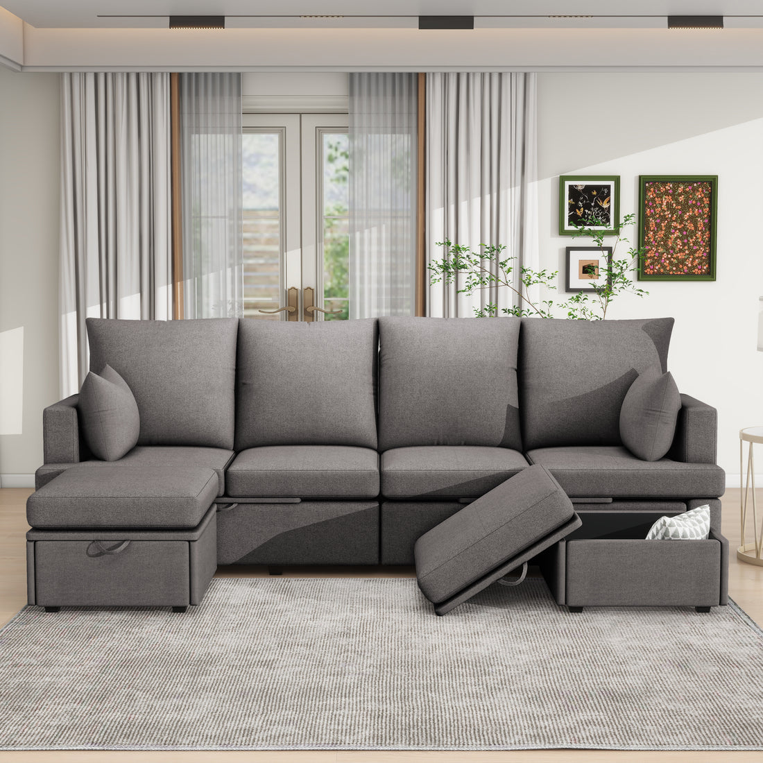 Modern U Shape Modular Sofa, 6 Seat Chenile Sectional Couch Set With 2 Pilows Lncluded, Freely Combinableindoor Funiture For Living Room,Apartment, Office, 3 Colors Dark Grey Chenille Metal Primary Living Space Medium Soft Loose Back Modern Poplar Foam