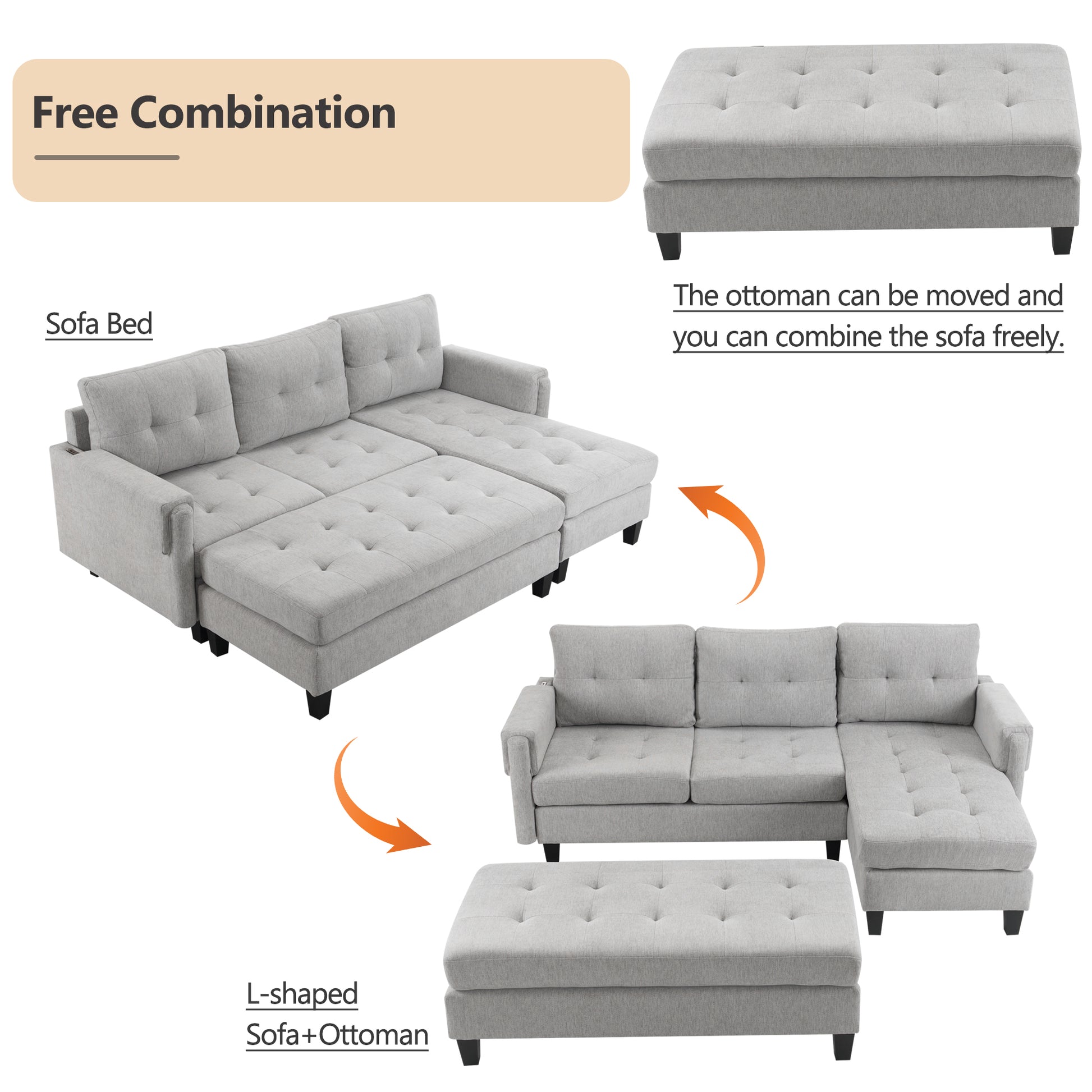 83.4" L Shaped Sofa Sectional Couch Sofa Bed With Two Usb Ports, A Movable Ottoman And A Reversible Chaise Lounge For Living Room, Grey Grey Foam Chenille 5 Seat