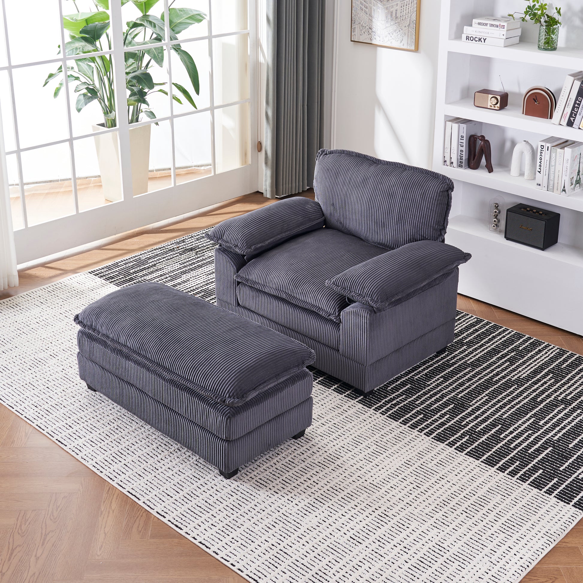 56.3 Inch Corduroy Single Sofa With 2 Toss Pillows And A Ottoman ,Comfy Sofa Deep Seat Couch For Living Room Grey Foam 1 Seat