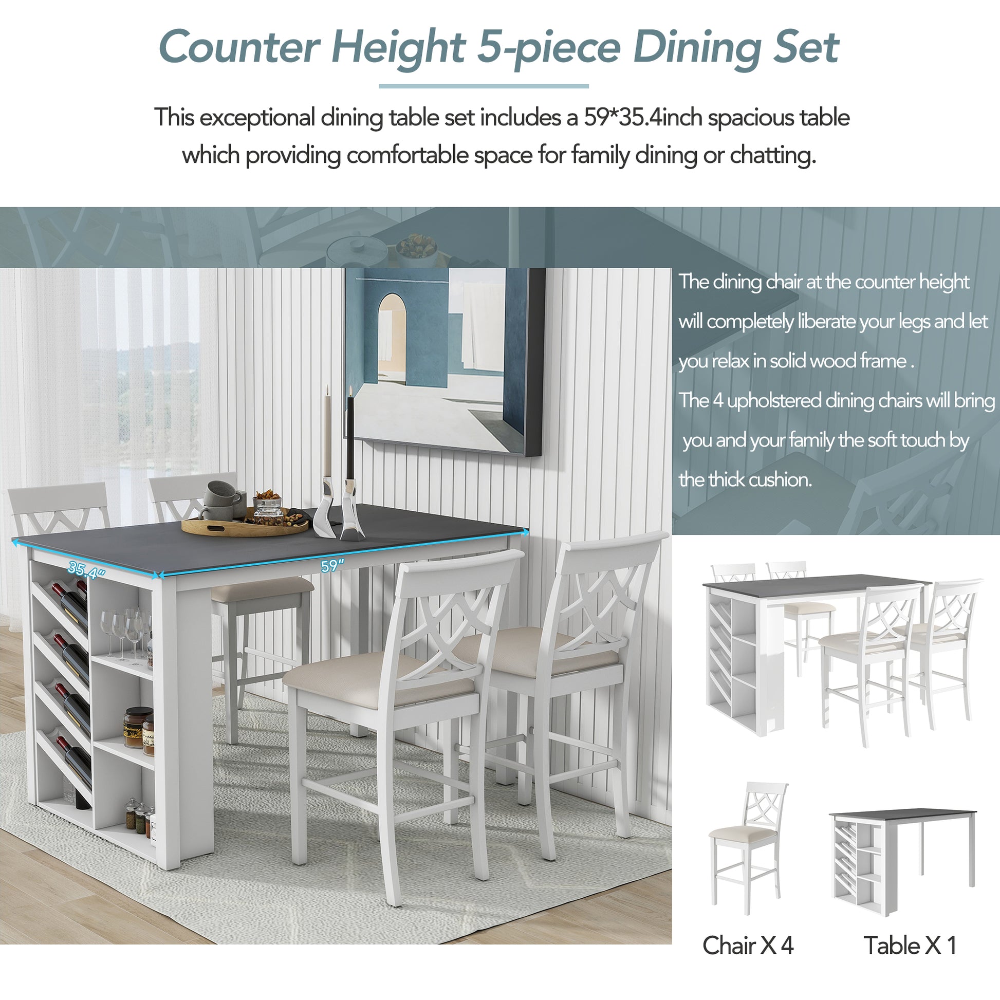 Updated Counter Height 5 Piece Solid Wood Dining Table Set, 59*35.4Inch Table With Curved Wine Rack And 4 Upholstered Chairs, White Wood Dining Room Solid Wood Rubberwood Rectangular Dining Table With Chair Wood Wood White Solid Back Seats 4 Farmhouse 4