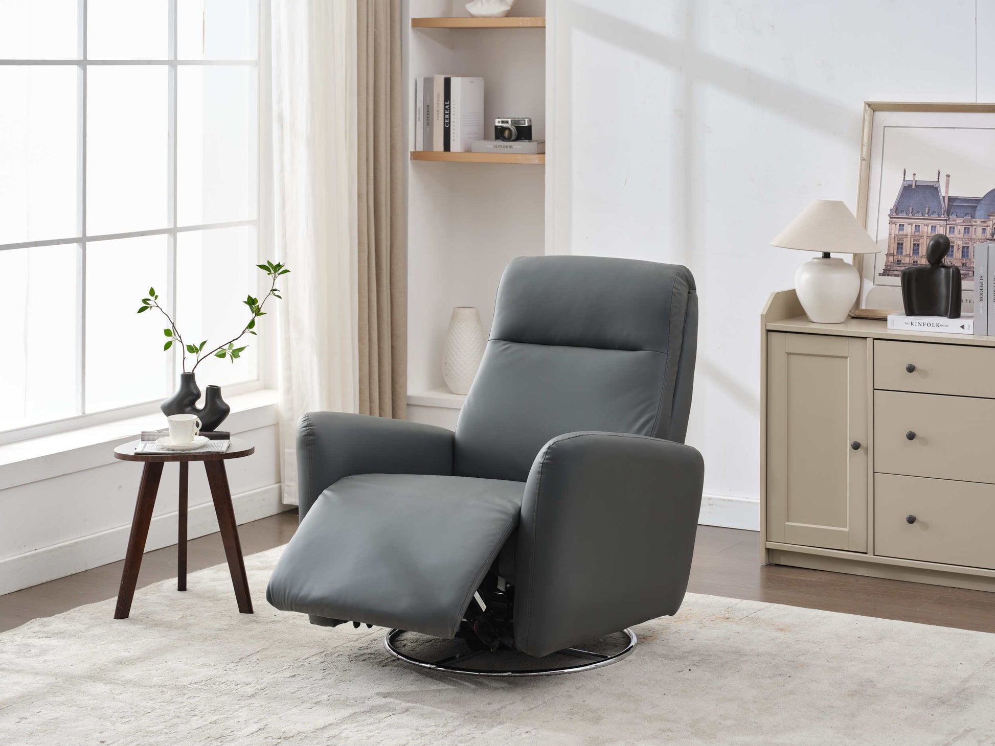 Swivel Glider Recliner Chair, 270 Power Recliner Rocking Chair Nursury Chair For Living Room Bedroom Apartment Dark Grey Faux Leather