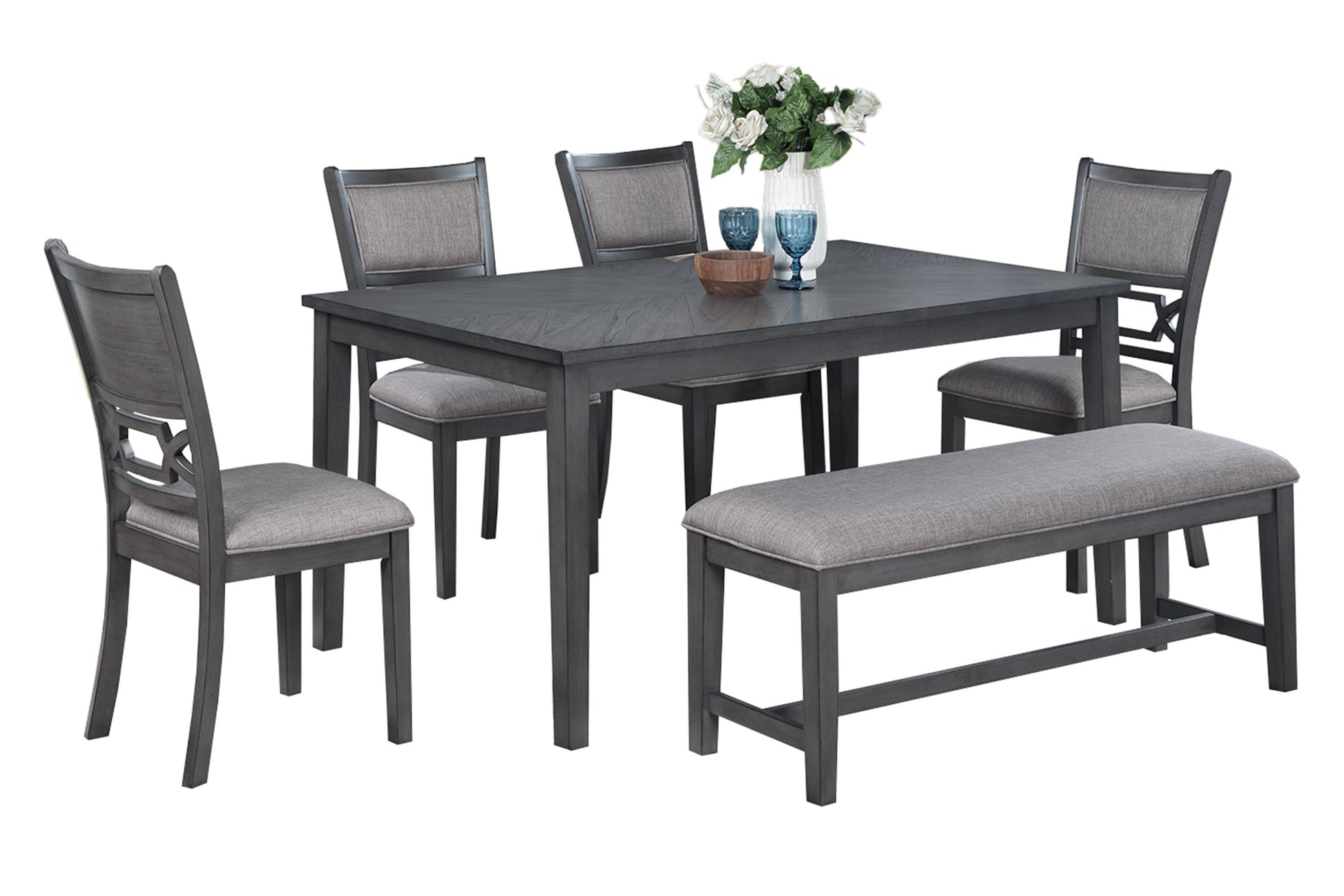 Dining Room Furniture Gray 6Pcs Set Dining Table 4X Side Chairs A Bench Rubberwood Unique Design Back Chair Gray Wood Dining Room Bench Seating Rectangular Dining Table With Chair And Bench Wood